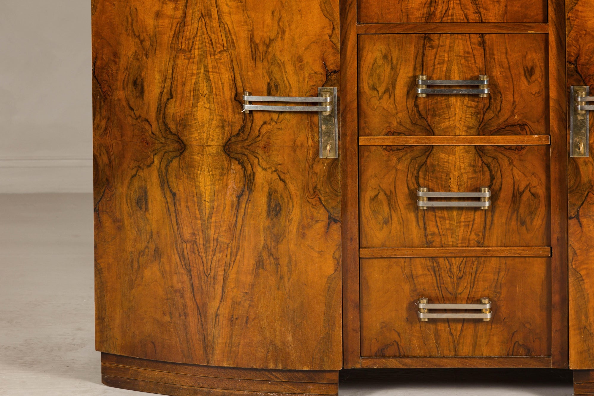 Art Deco Burl Walnut Buffet with Green Marble Top and Shelved Interior
