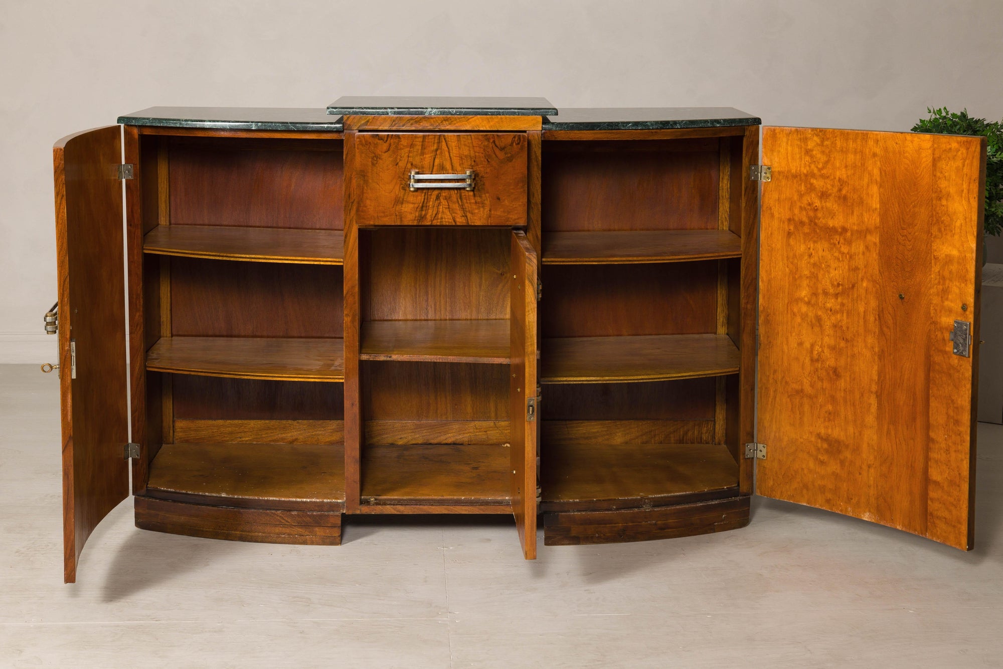 Art Deco Burl Walnut Buffet with Green Marble Top and Shelved Interior