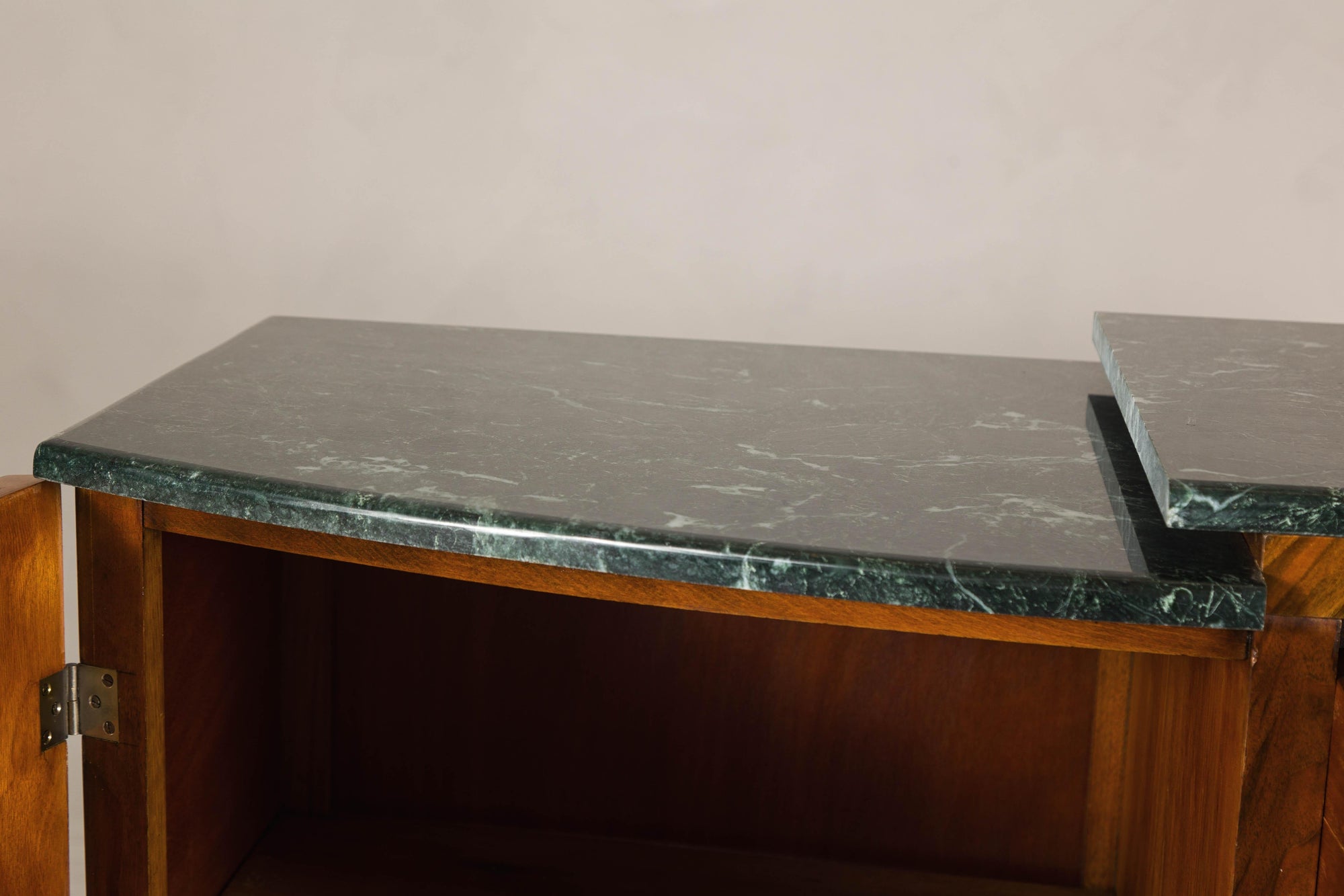 Art Deco Burl Walnut Buffet with Green Marble Top and Shelved Interior
