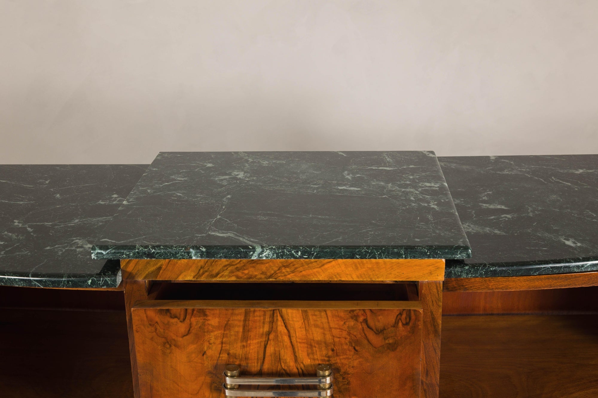 Art Deco Burl Walnut Buffet with Green Marble Top and Shelved Interior