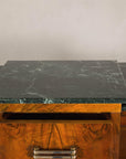 Art Deco Burl Walnut Buffet with Green Marble Top and Shelved Interior