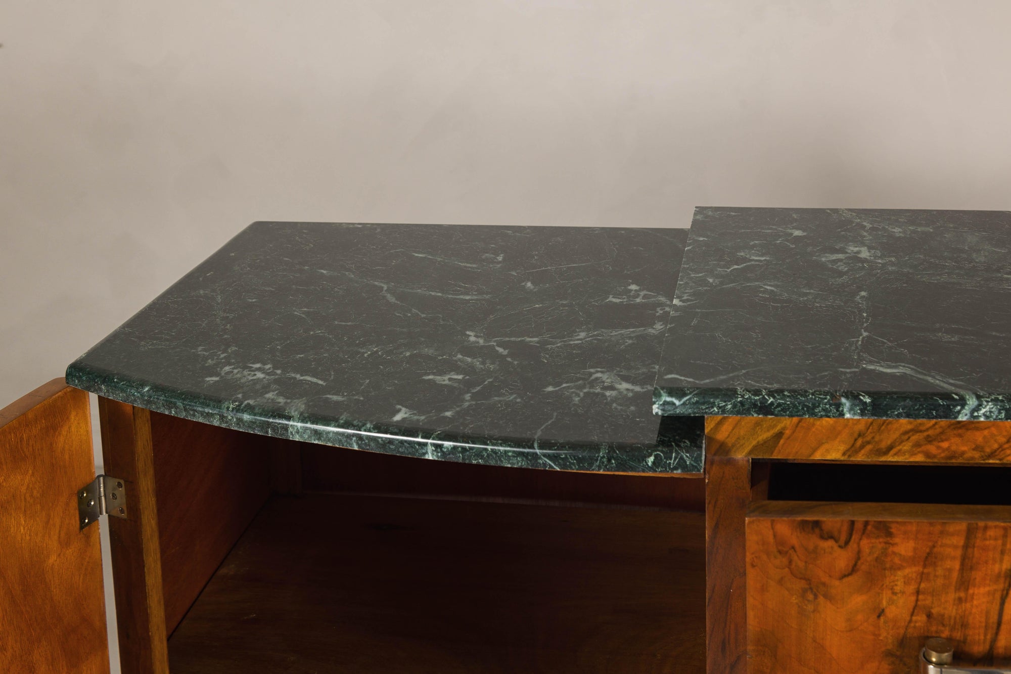Art Deco Burl Walnut Buffet with Green Marble Top and Shelved Interior