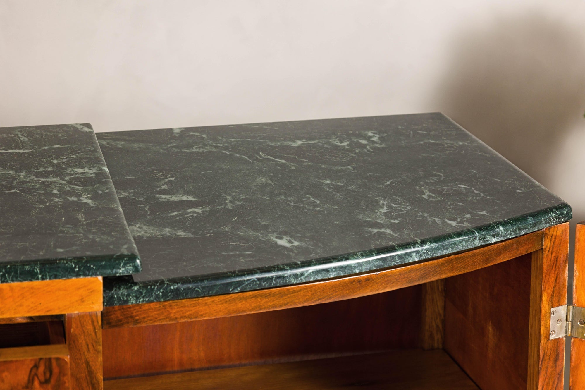 Art Deco Burl Walnut Buffet with Green Marble Top and Shelved Interior