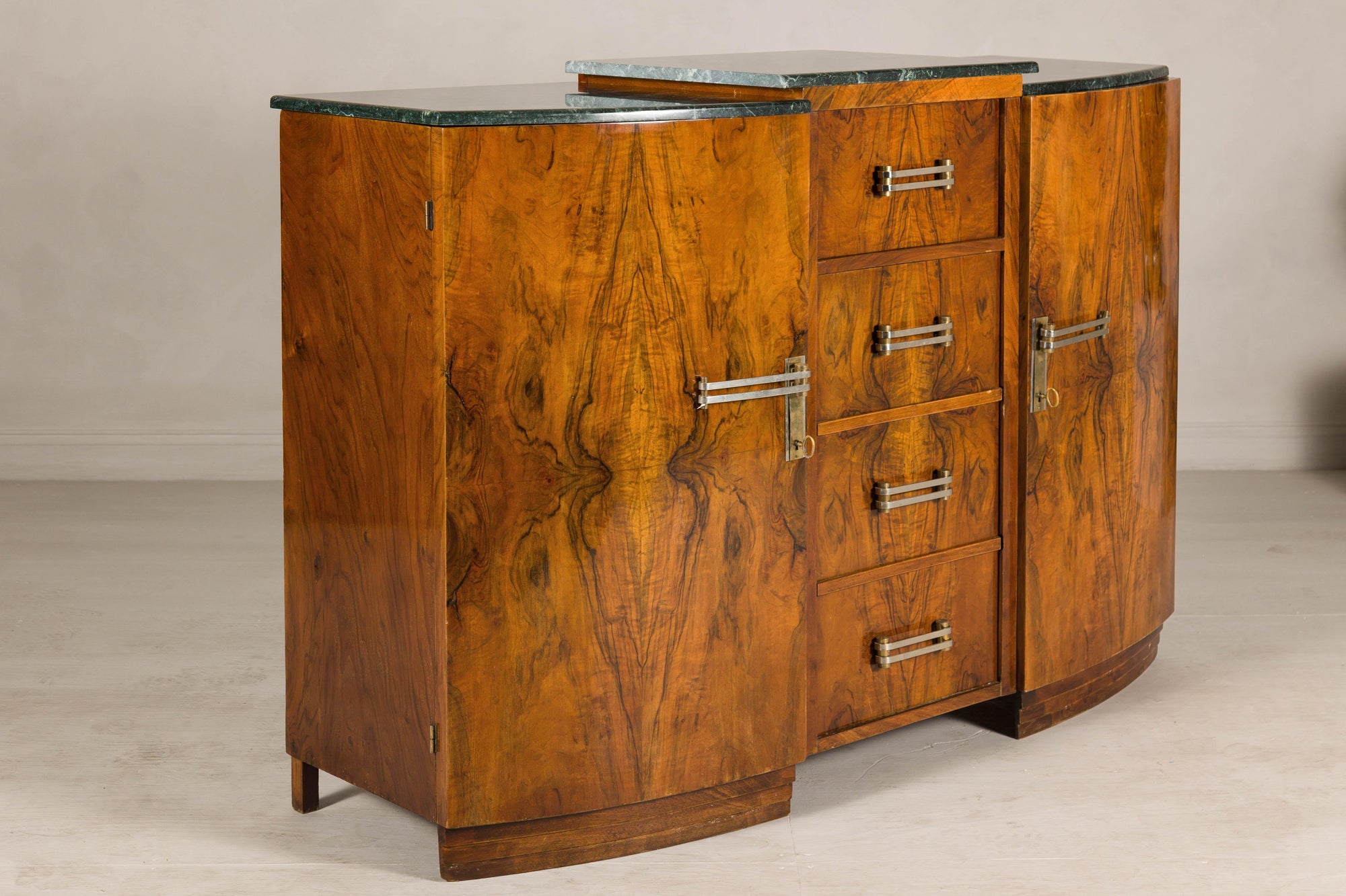 Art Deco Burl Walnut Buffet with Green Marble Top and Shelved Interior