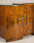 Art Deco Burl Walnut Buffet with Green Marble Top and Shelved Interior