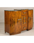 Art Deco Burl Walnut Buffet with Green Marble Top and Shelved Interior