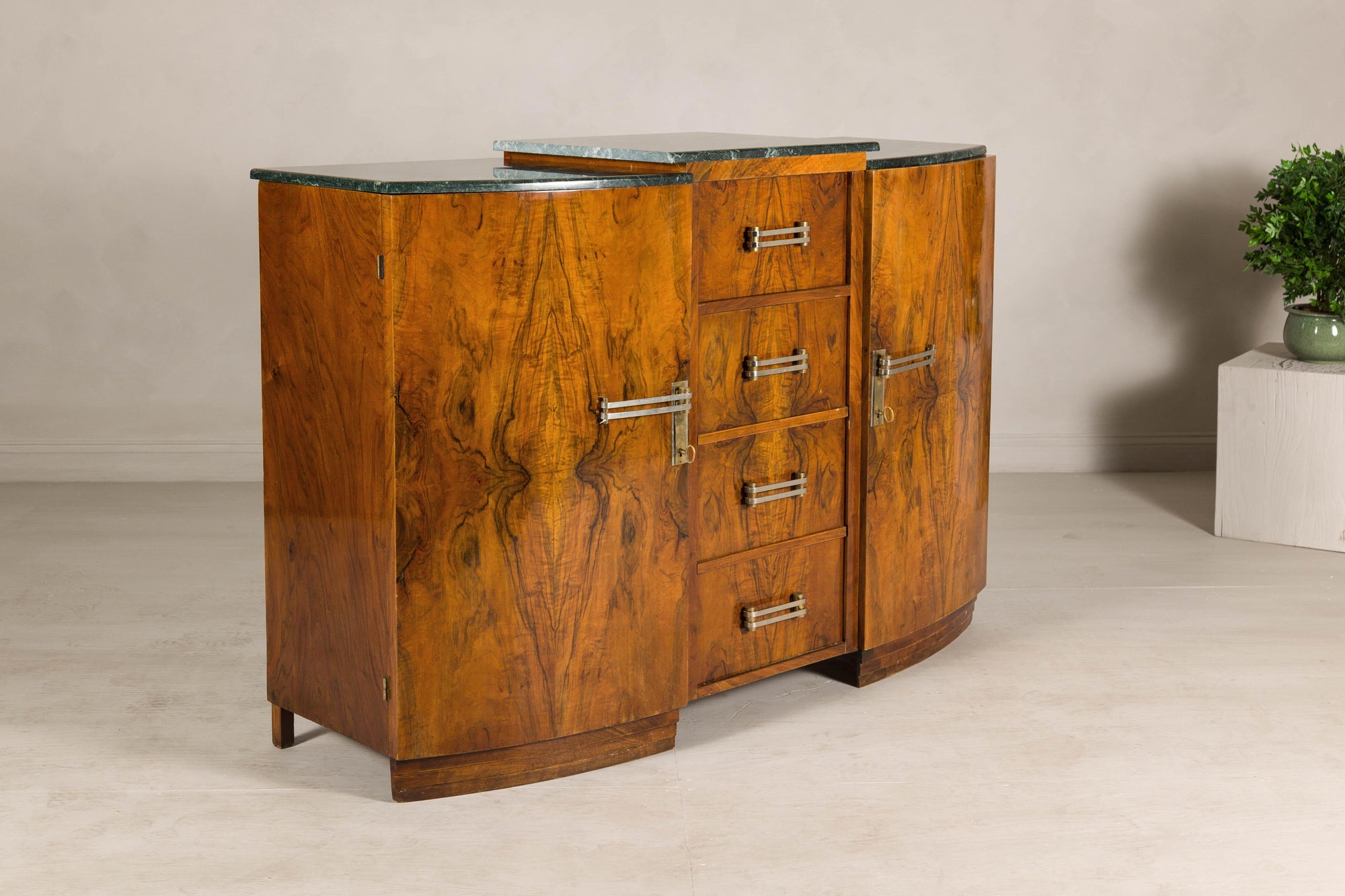 Art Deco Burl Walnut Buffet with Green Marble Top and Shelved Interior