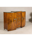 Art Deco Burl Walnut Buffet with Green Marble Top and Shelved Interior