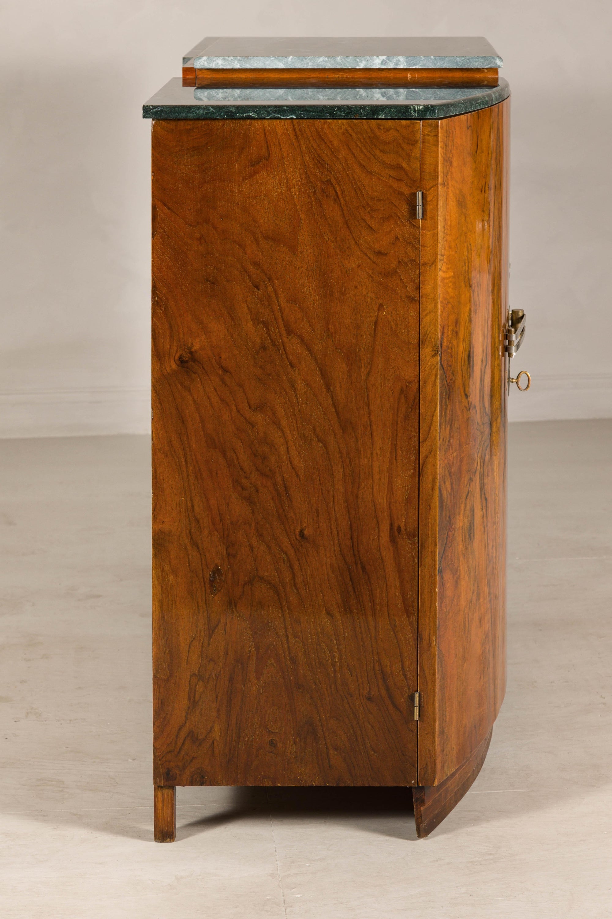 Art Deco Burl Walnut Buffet with Green Marble Top and Shelved Interior