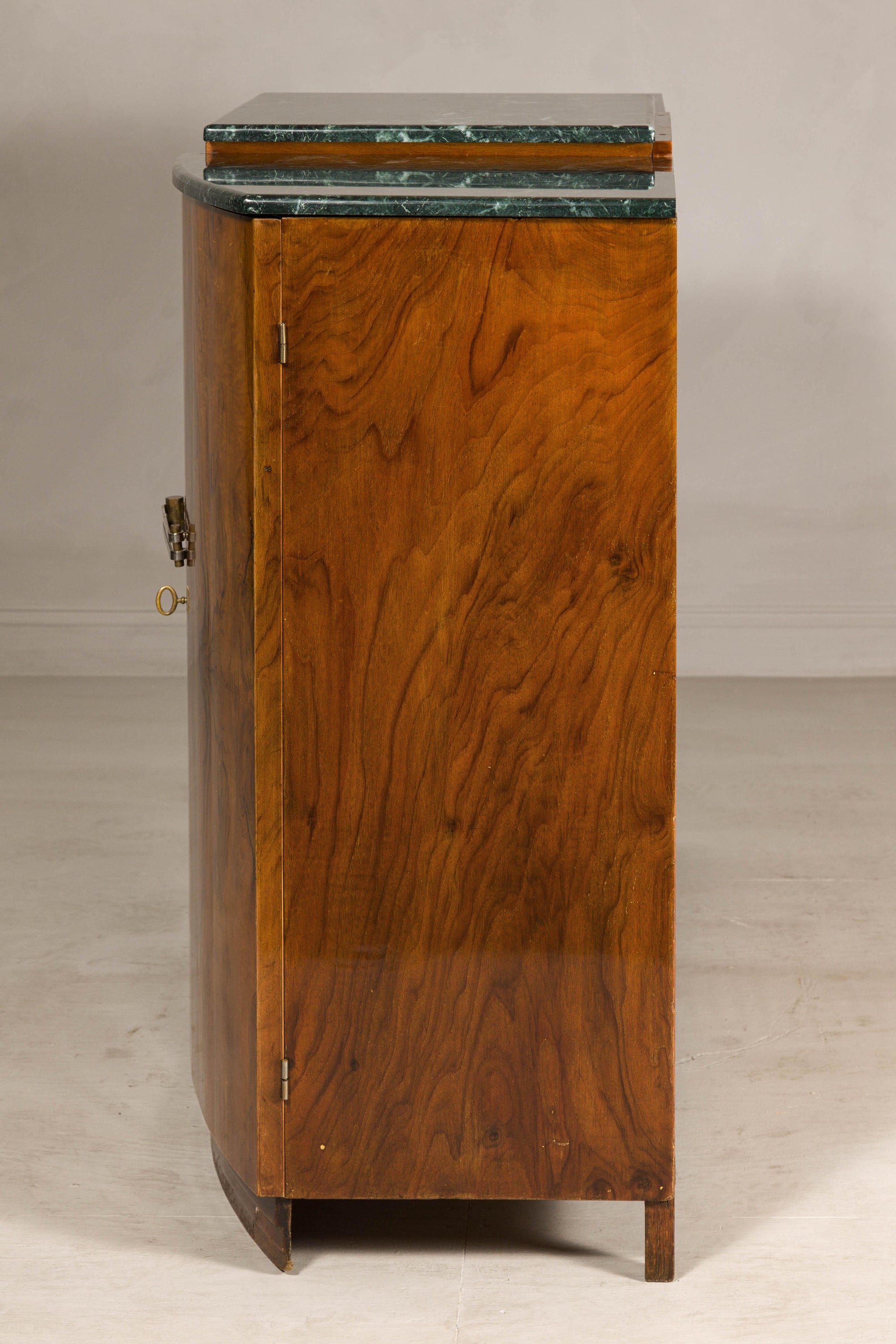 Art Deco Burl Walnut Buffet with Green Marble Top and Shelved Interior