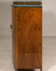 Art Deco Burl Walnut Buffet with Green Marble Top and Shelved Interior