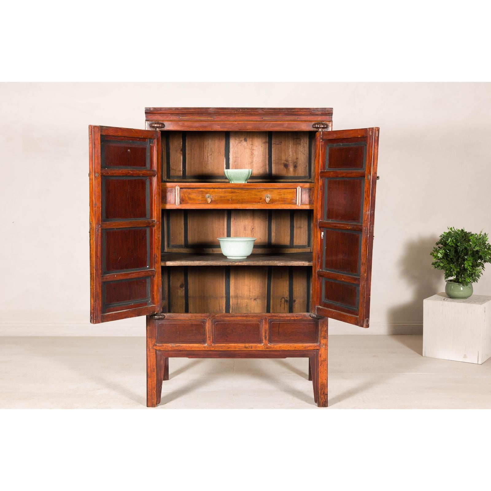 Elm Brown Lacquer Cabinet with Bronze Hardware and Shelves, Late Qing Dynasty