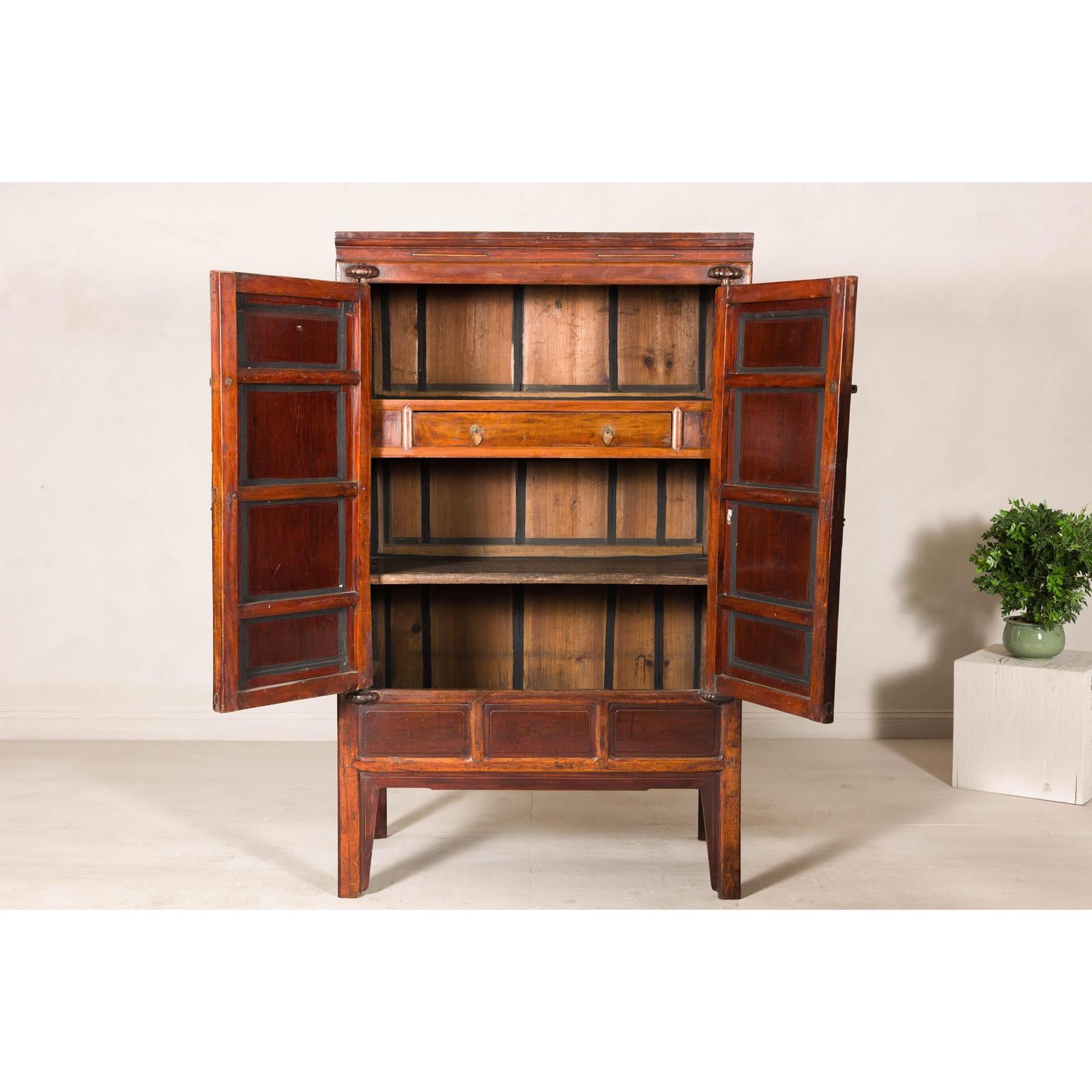 Elm Brown Lacquer Cabinet with Bronze Hardware and Shelves, Late Qing Dynasty