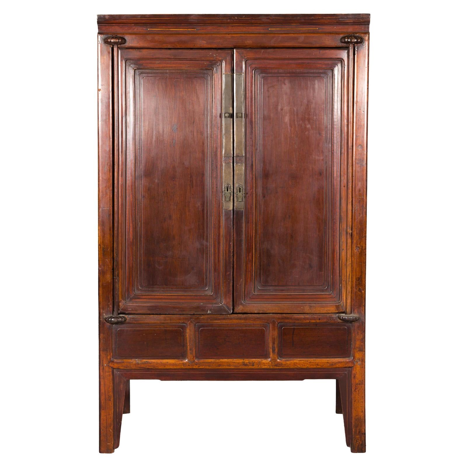 Elm Brown Lacquer Cabinet with Bronze Hardware and Shelves, Late Qing Dynasty