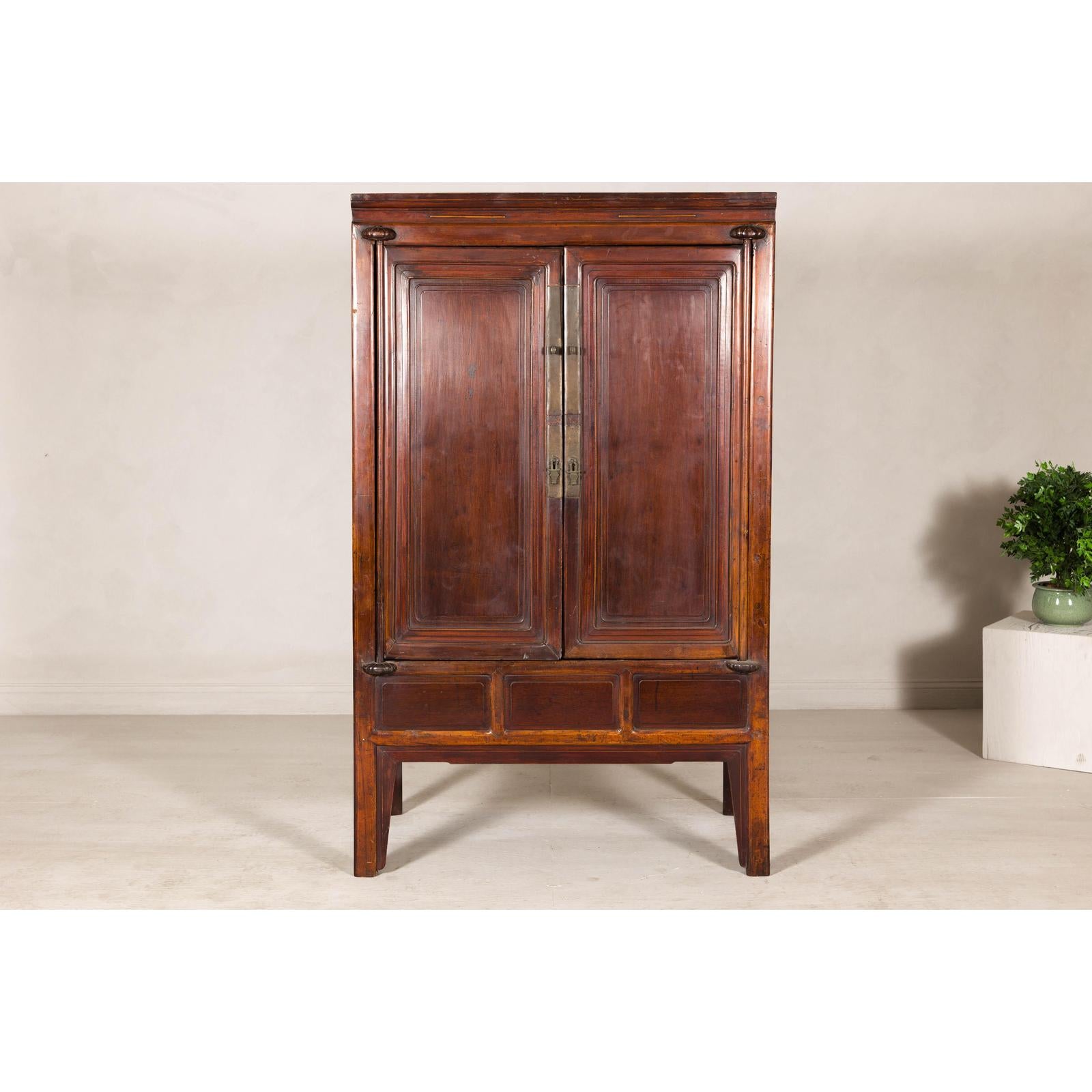 Elm Brown Lacquer Cabinet with Bronze Hardware and Shelves, Late Qing Dynasty