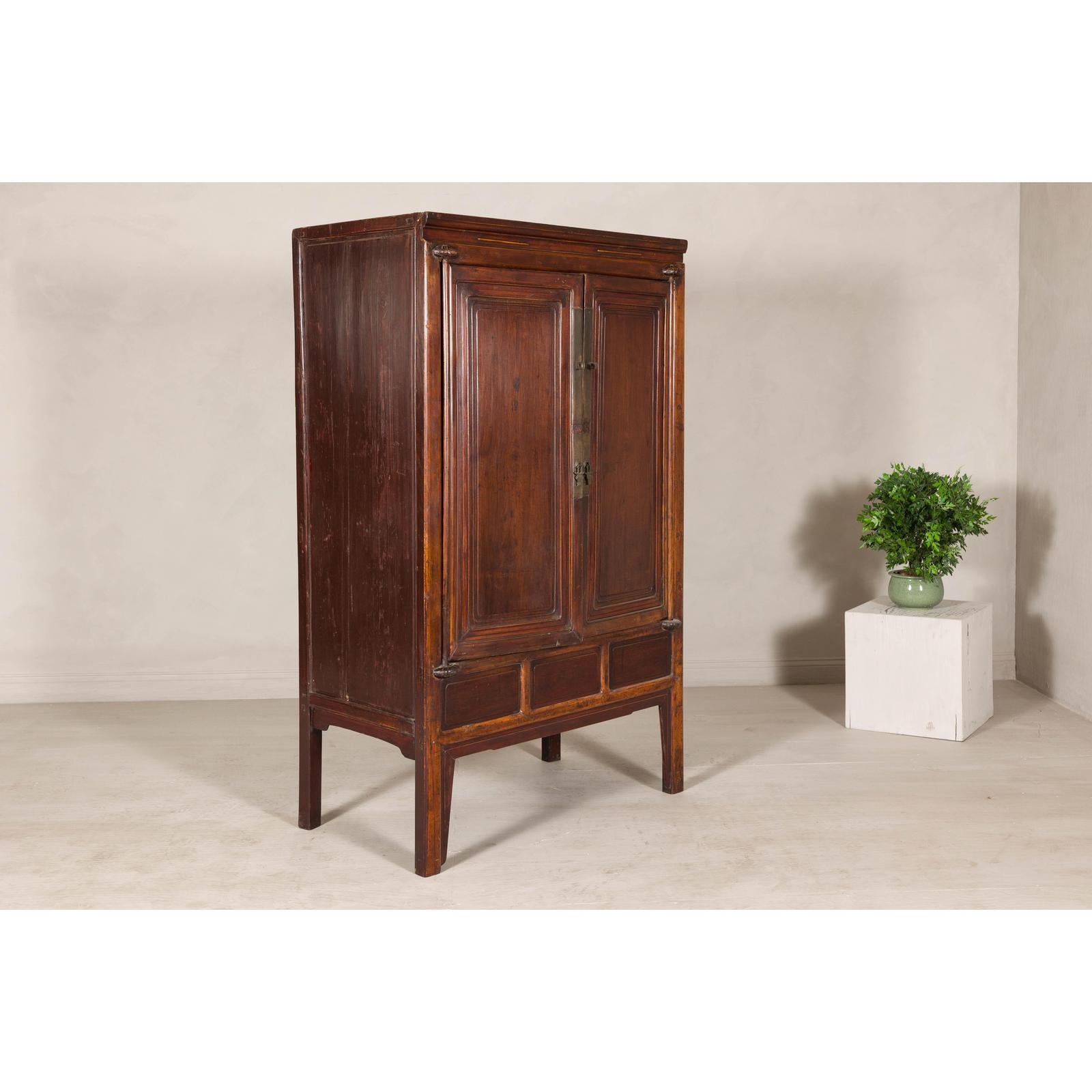 Elm Brown Lacquer Cabinet with Bronze Hardware and Shelves, Late Qing Dynasty