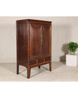 Elm Brown Lacquer Cabinet with Bronze Hardware and Shelves, Late Qing Dynasty