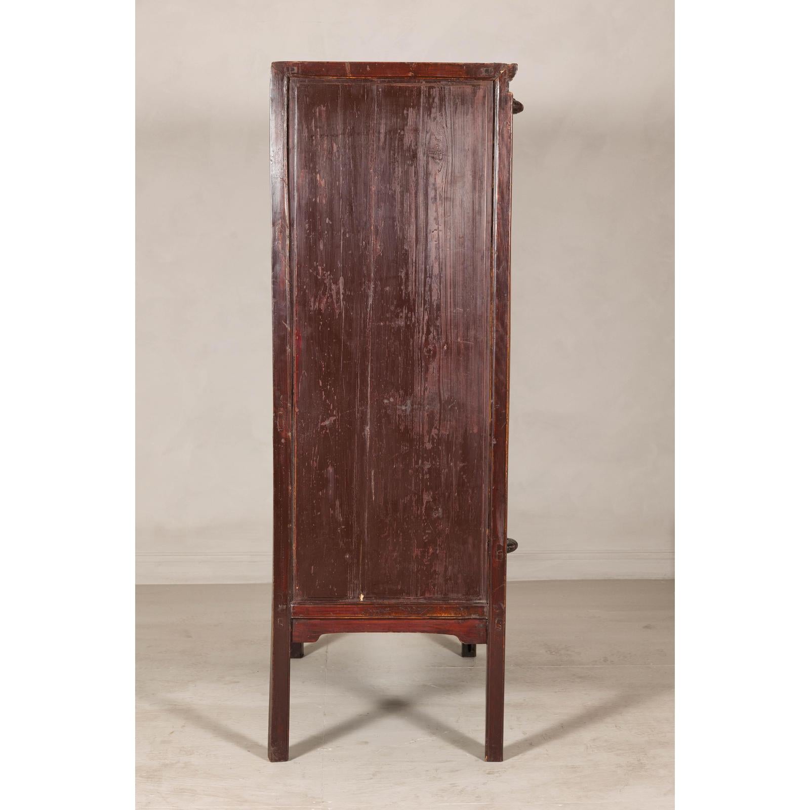 Elm Brown Lacquer Cabinet with Bronze Hardware and Shelves, Late Qing Dynasty