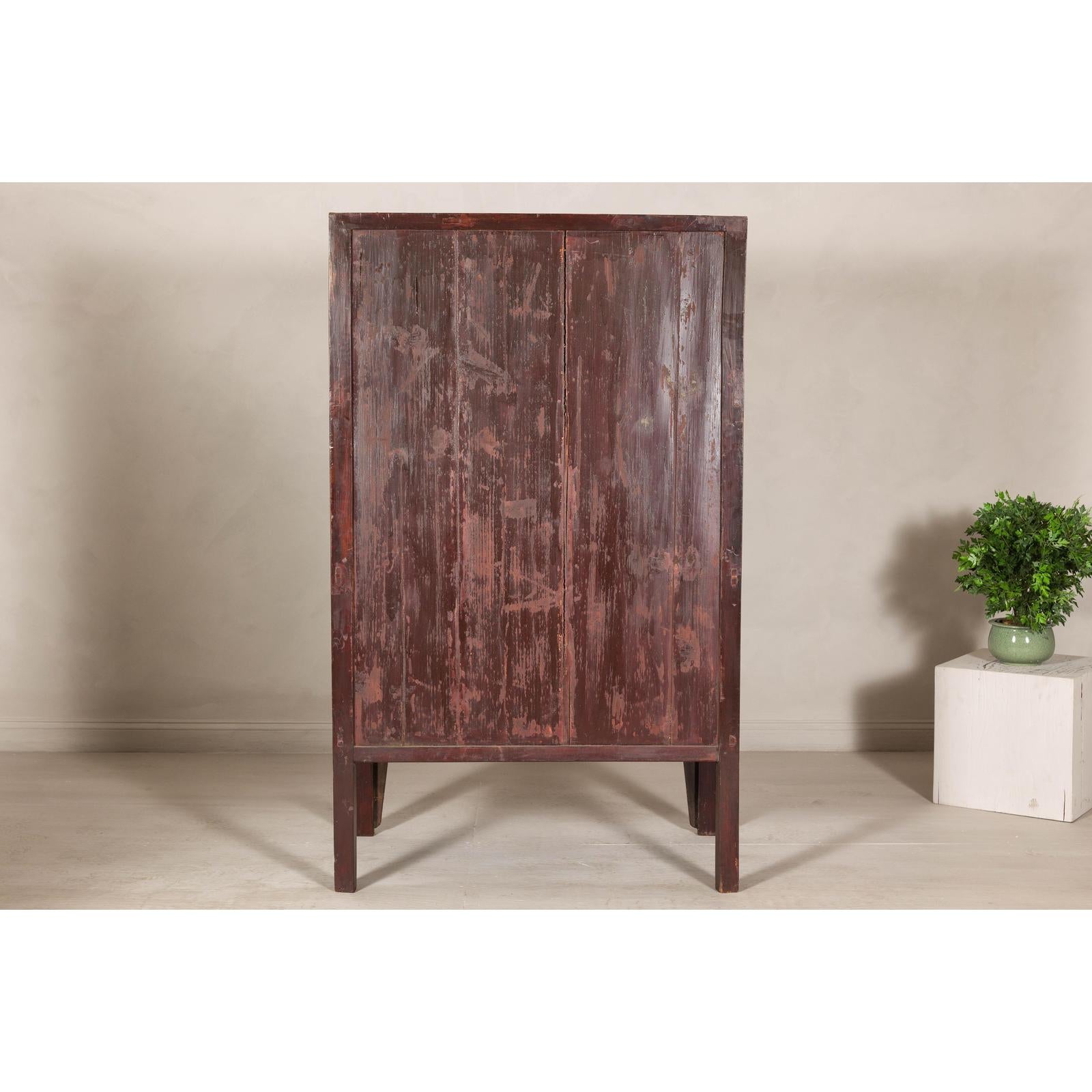 Elm Brown Lacquer Cabinet with Bronze Hardware and Shelves, Late Qing Dynasty