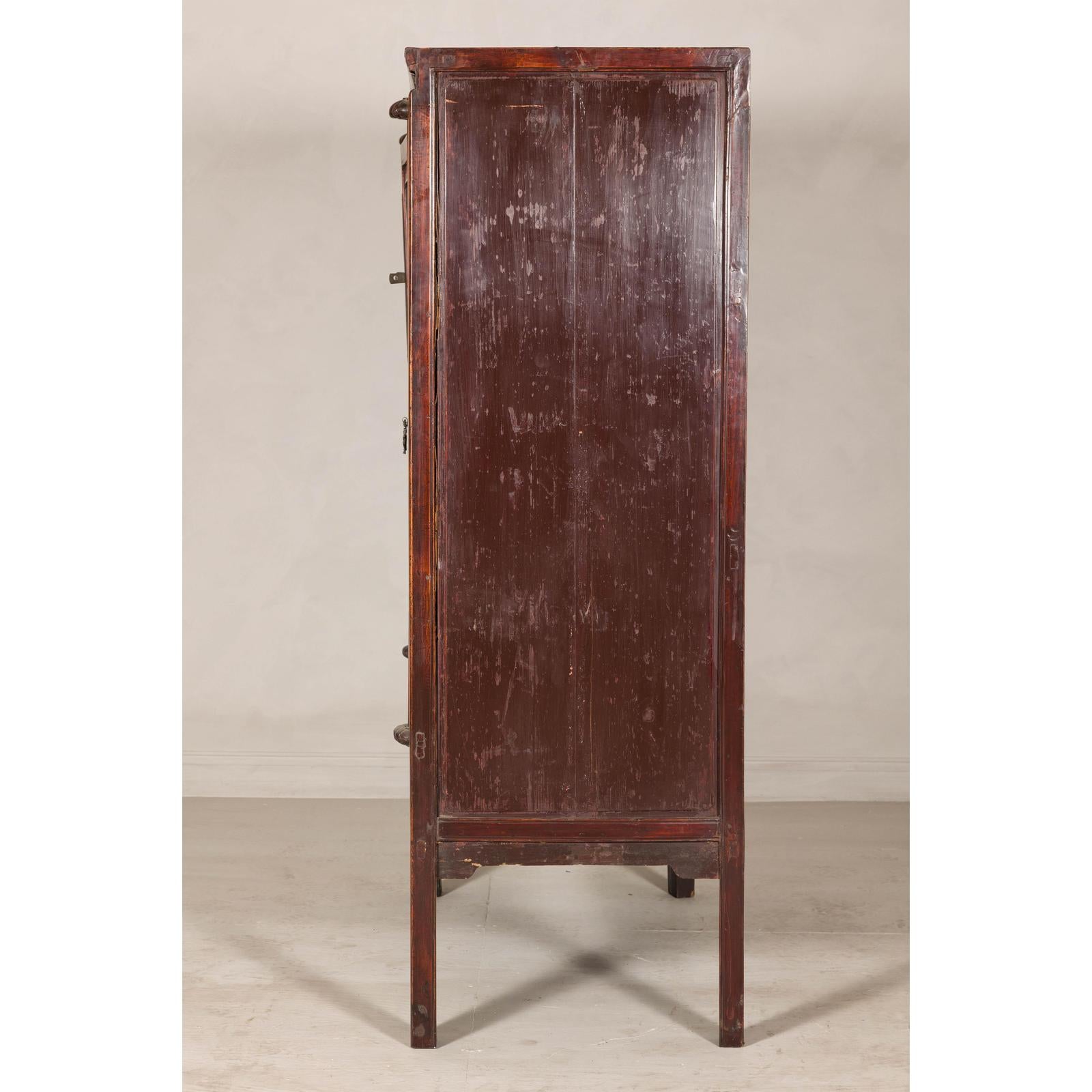 Elm Brown Lacquer Cabinet with Bronze Hardware and Shelves, Late Qing Dynasty