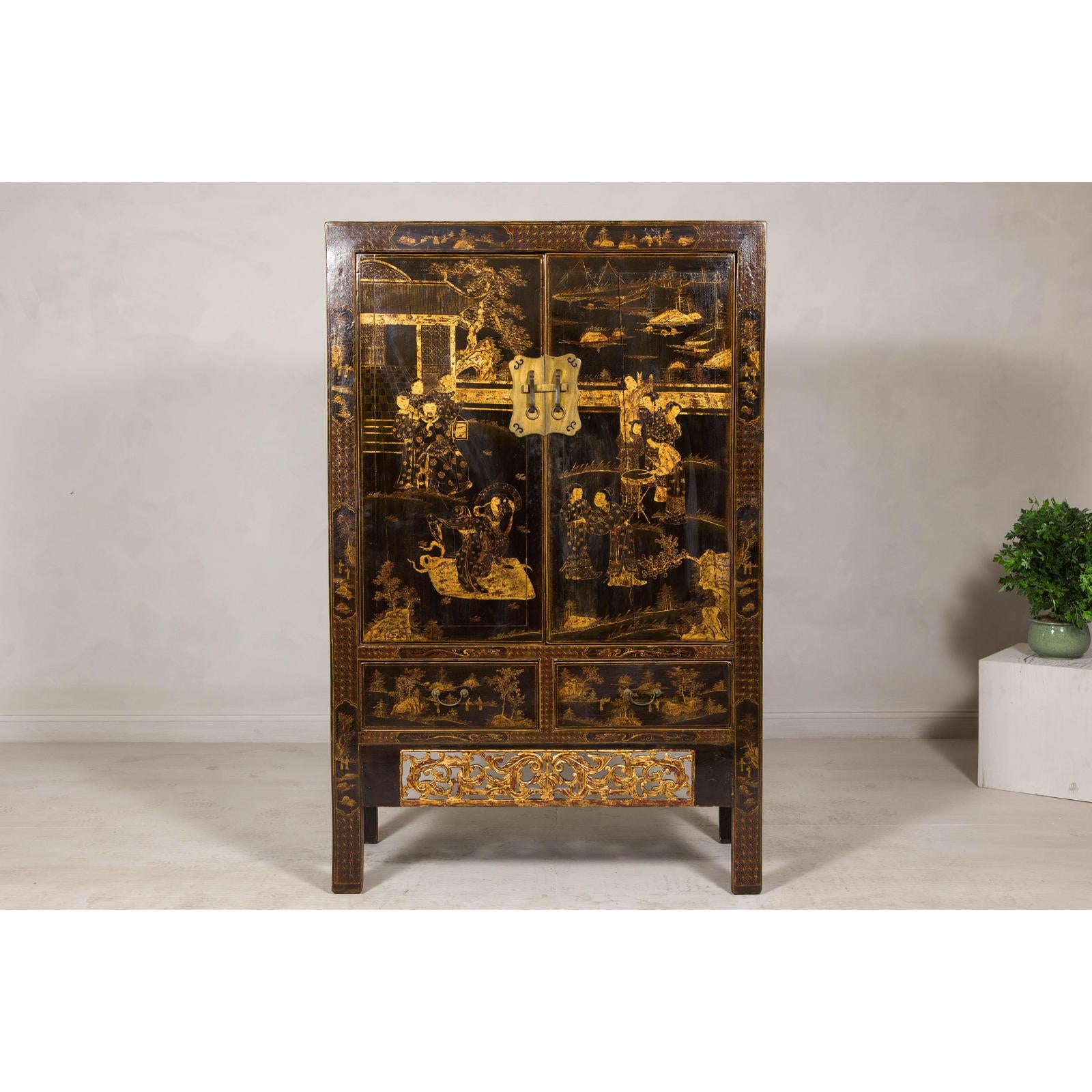 Late Qing Dynasty Black Lacquer Elm Cabinet with Gilt Motifs and Carved Apron