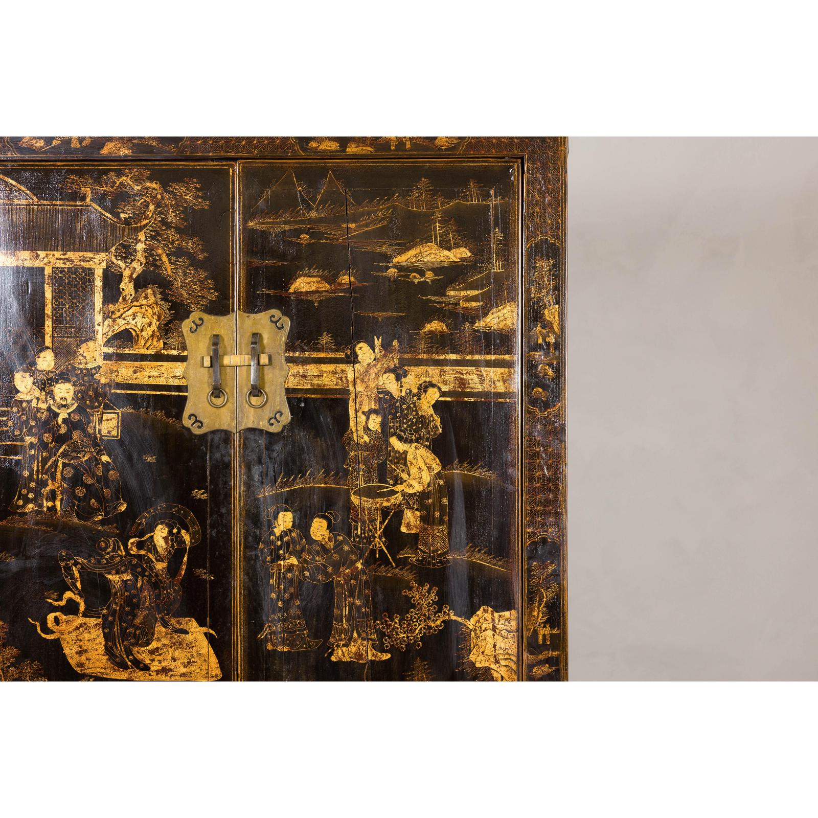 Late Qing Dynasty Black Lacquer Elm Cabinet with Gilt Motifs and Carved Apron