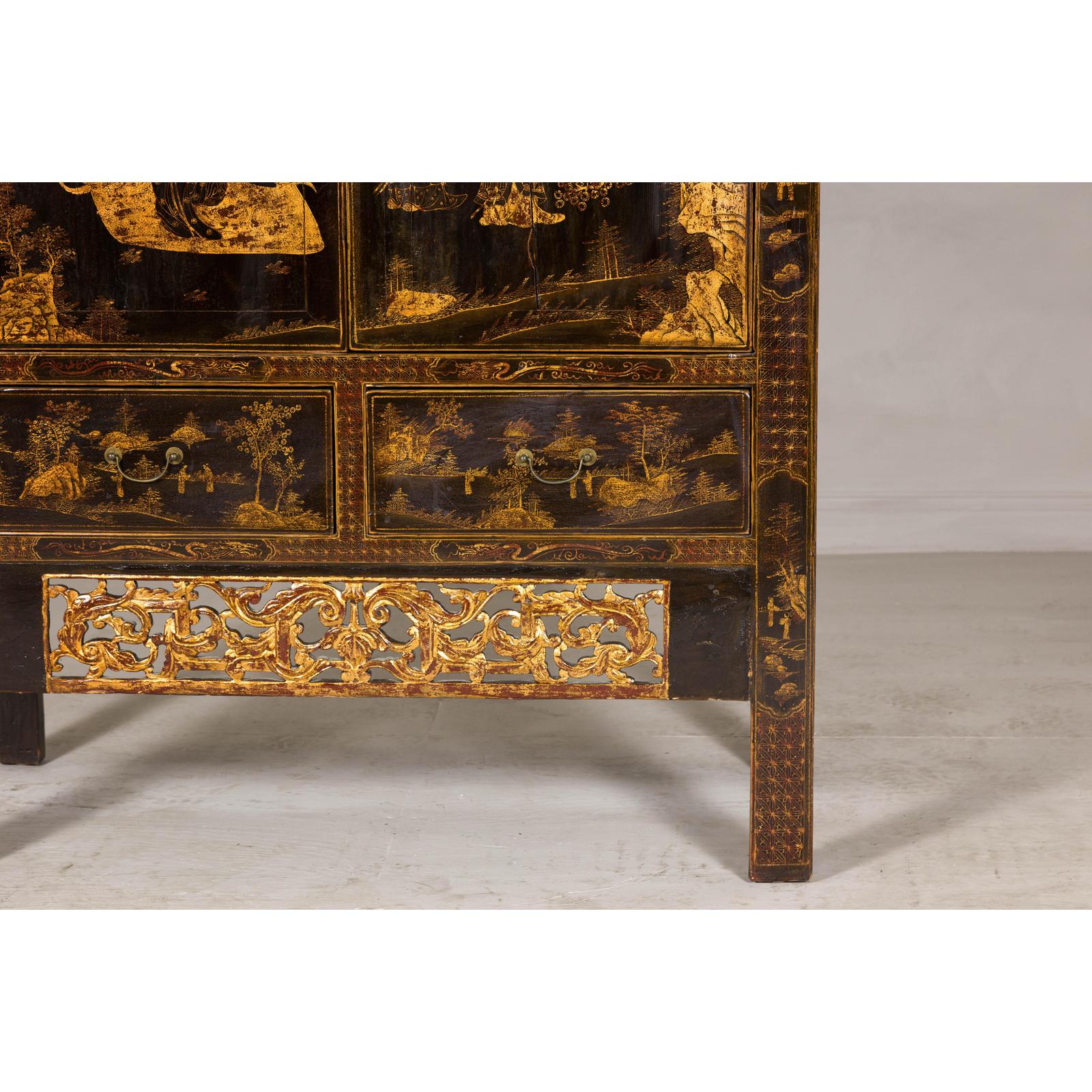 Late Qing Dynasty Black Lacquer Elm Cabinet with Gilt Motifs and Carved Apron