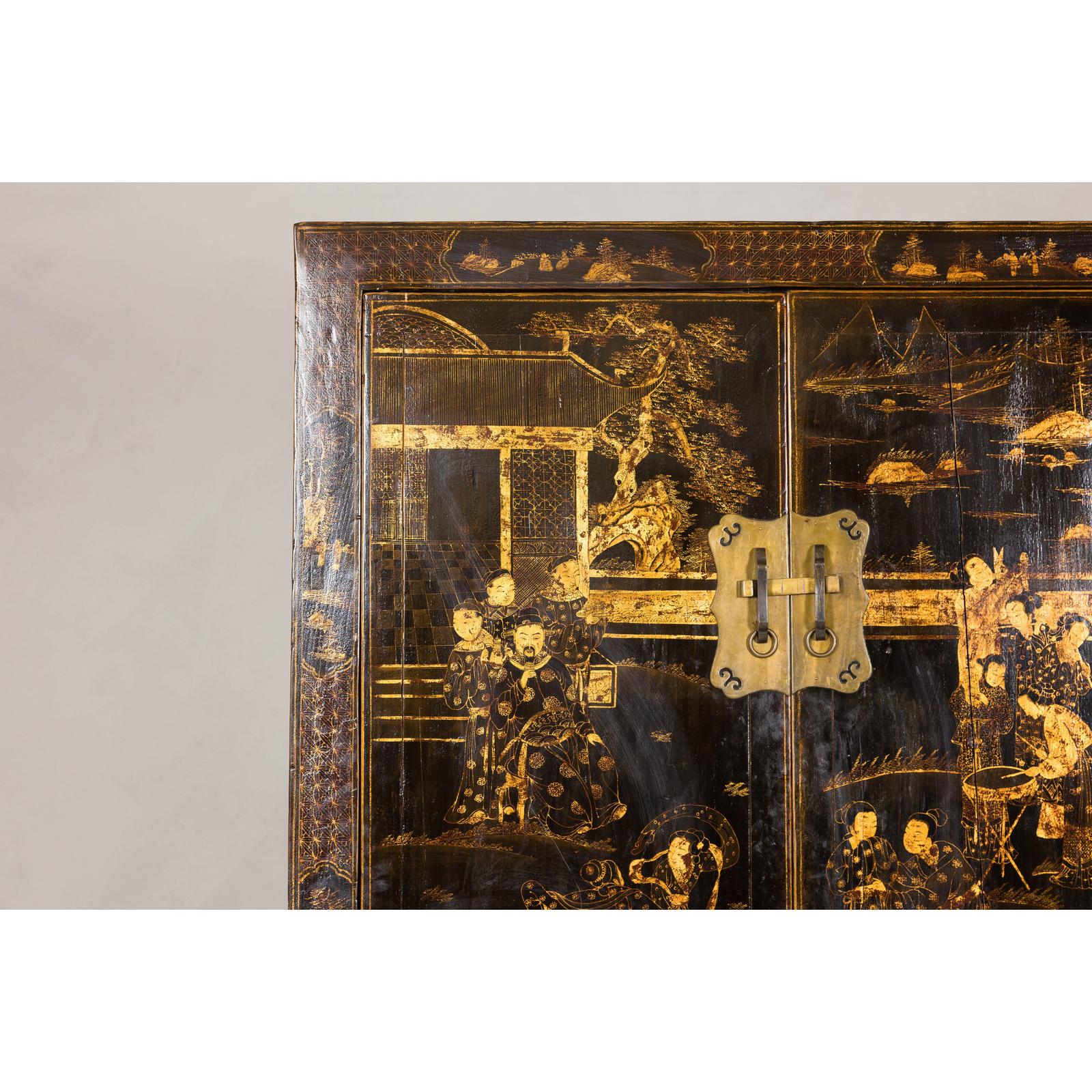 Late Qing Dynasty Black Lacquer Elm Cabinet with Gilt Motifs and Carved Apron