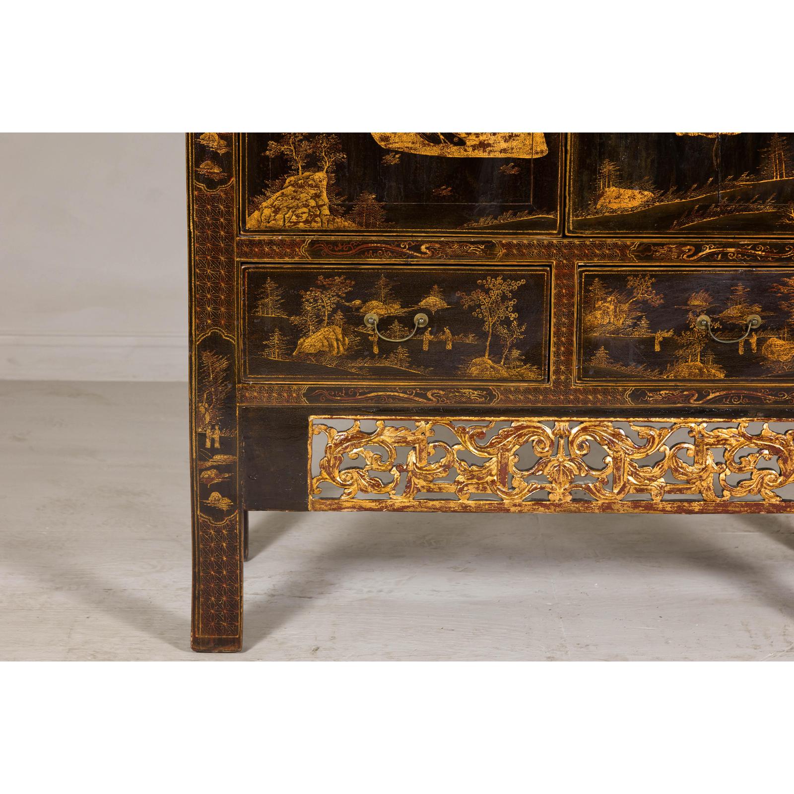 Late Qing Dynasty Black Lacquer Elm Cabinet with Gilt Motifs and Carved Apron