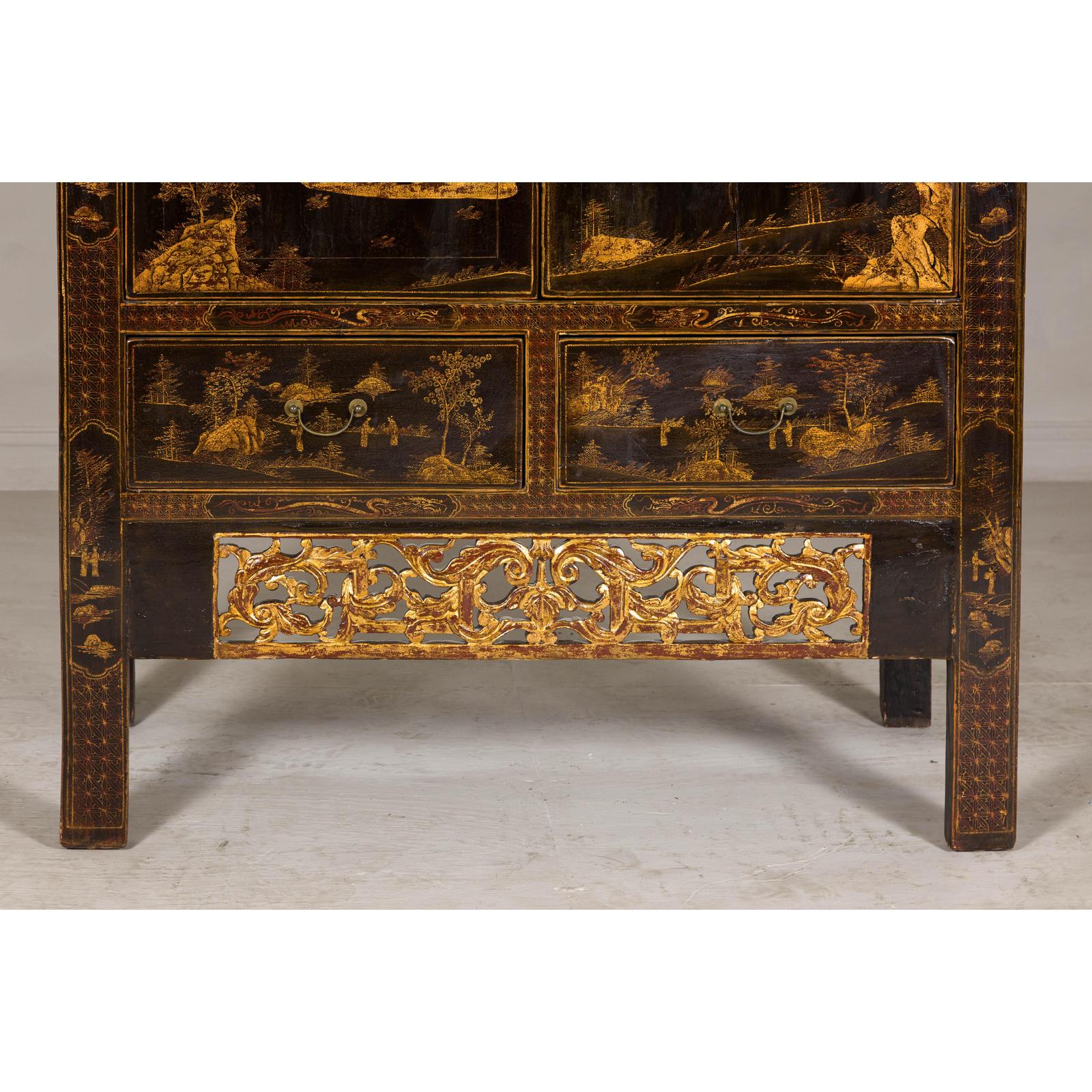 Late Qing Dynasty Black Lacquer Elm Cabinet with Gilt Motifs and Carved Apron