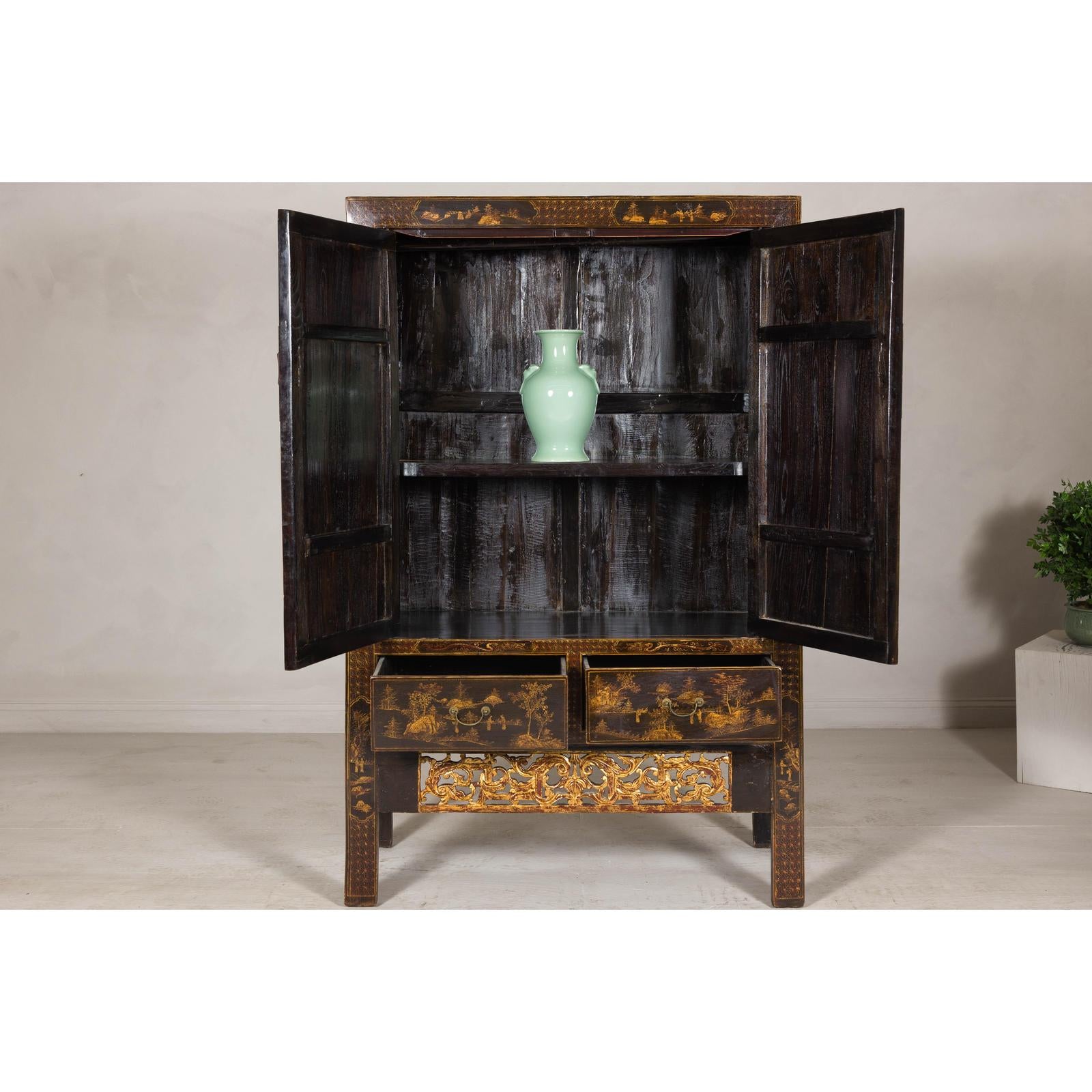 Late Qing Dynasty Black Lacquer Elm Cabinet with Gilt Motifs and Carved Apron