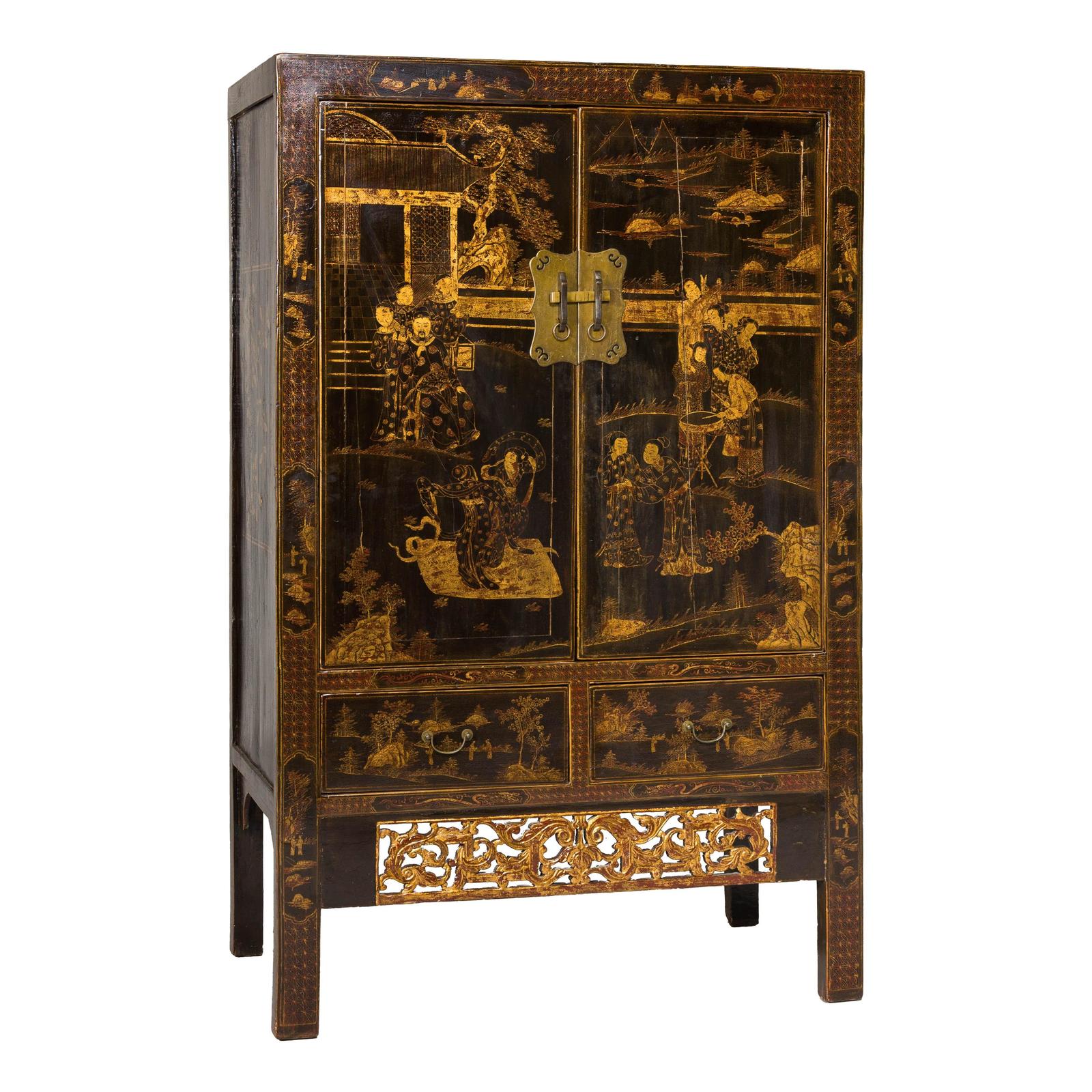 Late Qing Dynasty Black Lacquer Elm Cabinet with Gilt Motifs and Carved Apron