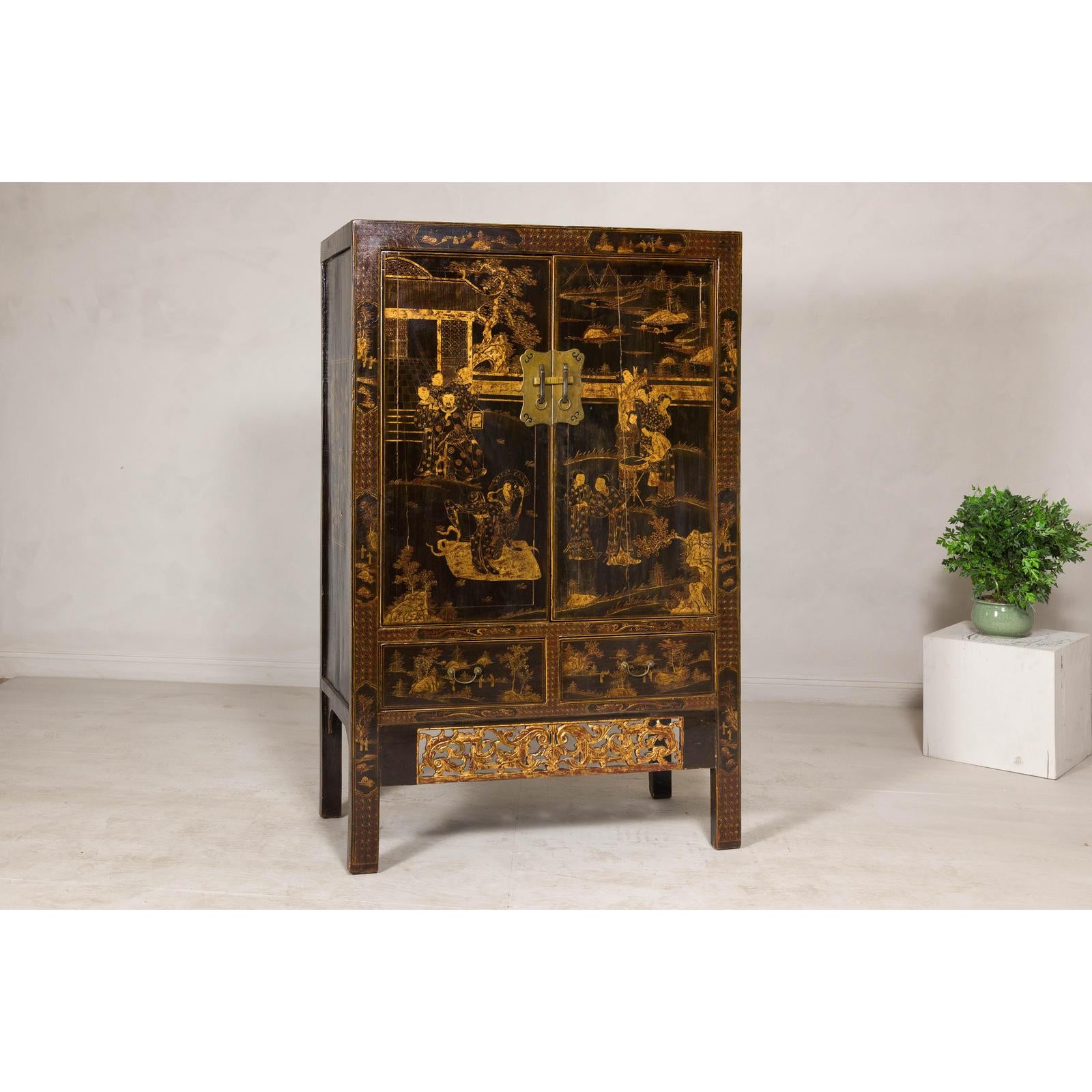 Late Qing Dynasty Black Lacquer Elm Cabinet with Gilt Motifs and Carved Apron