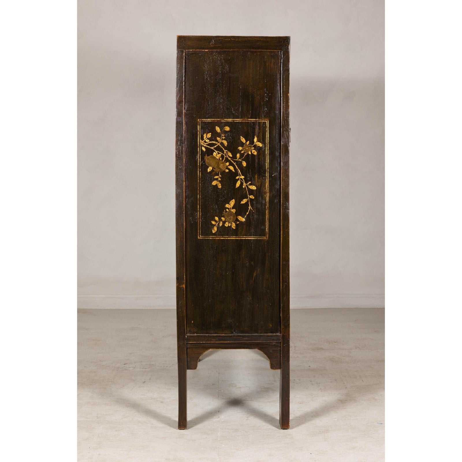 Late Qing Dynasty Black Lacquer Elm Cabinet with Gilt Motifs and Carved Apron