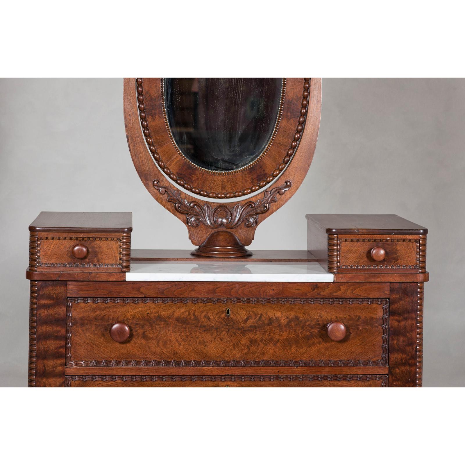 Late 19th Century Flaming Walnut Dresser with Tilting Mirror and Marble Inset