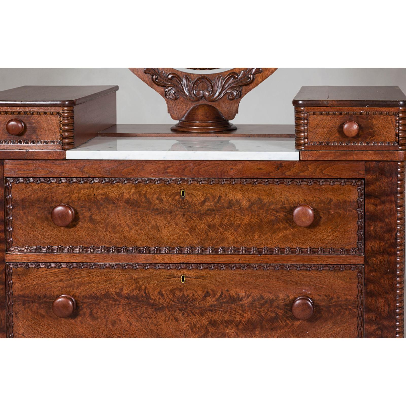 Late 19th Century Flaming Walnut Dresser with Tilting Mirror and Marble Inset