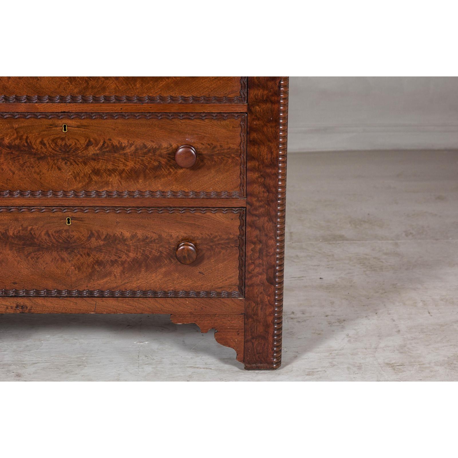 Late 19th Century Flaming Walnut Dresser with Tilting Mirror and Marble Inset