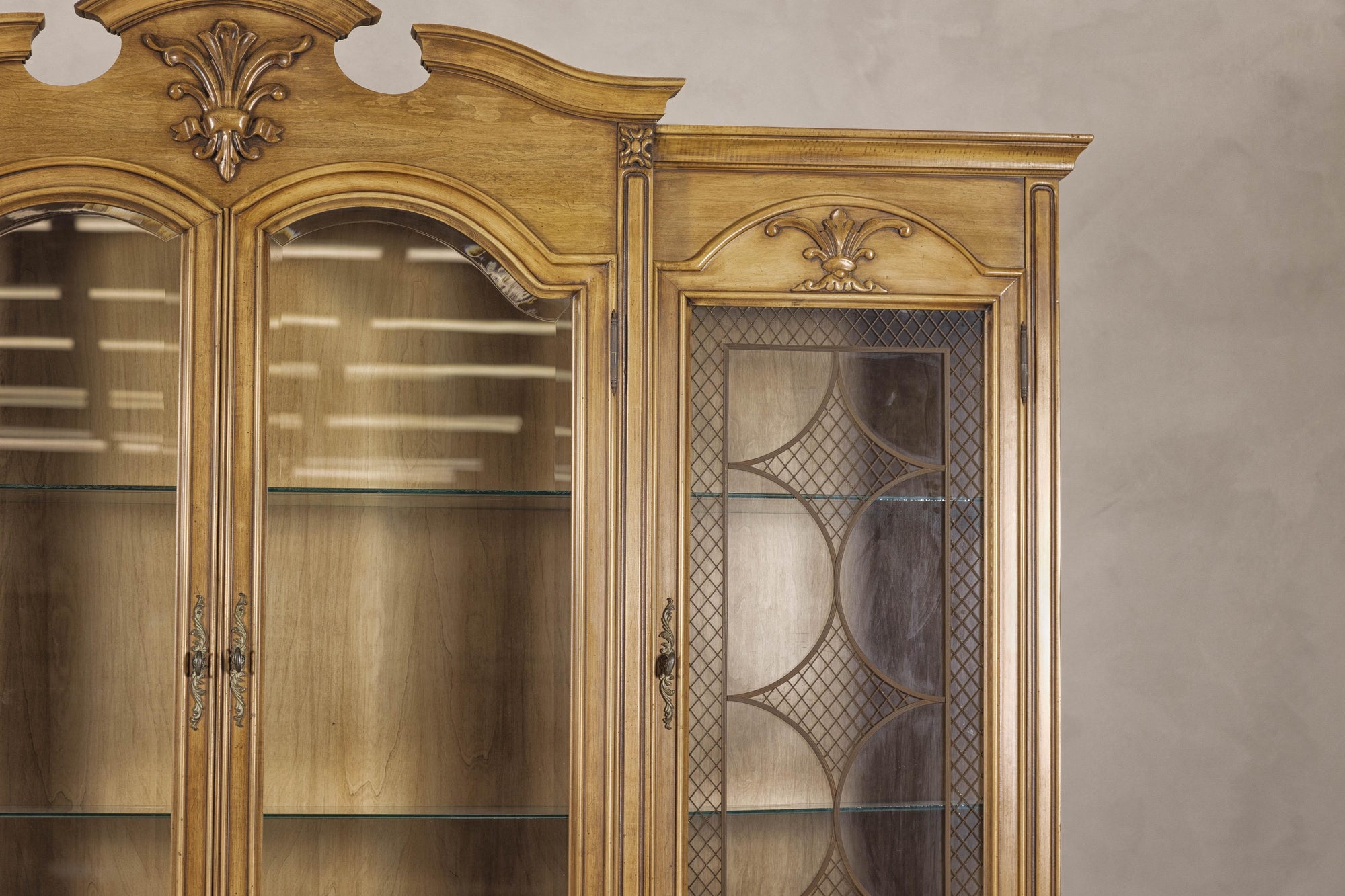 Large French Provincial Style China Cabinet in Hardwood Finish, Wired