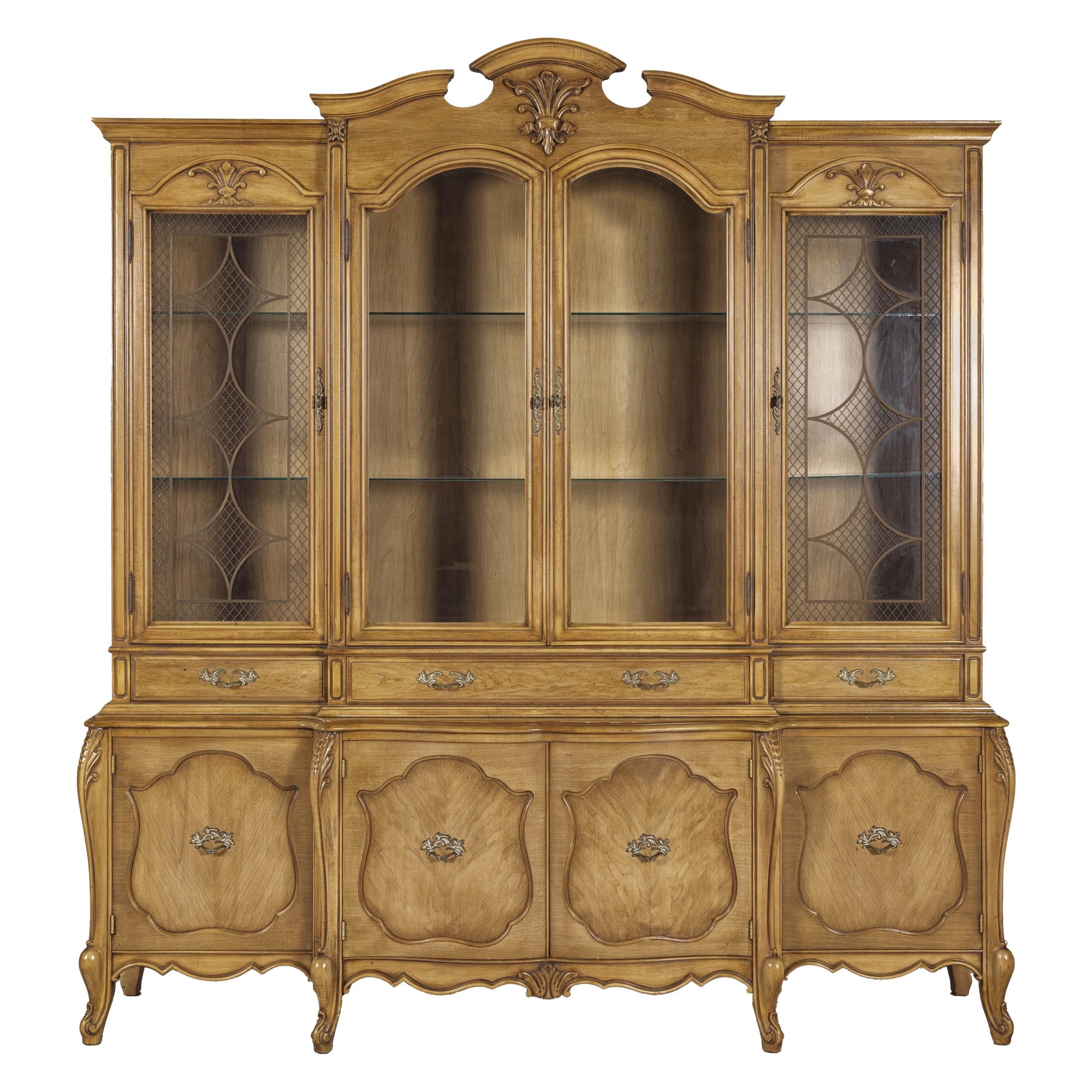 Large French Provincial Style China Cabinet in Hardwood Finish, Wired