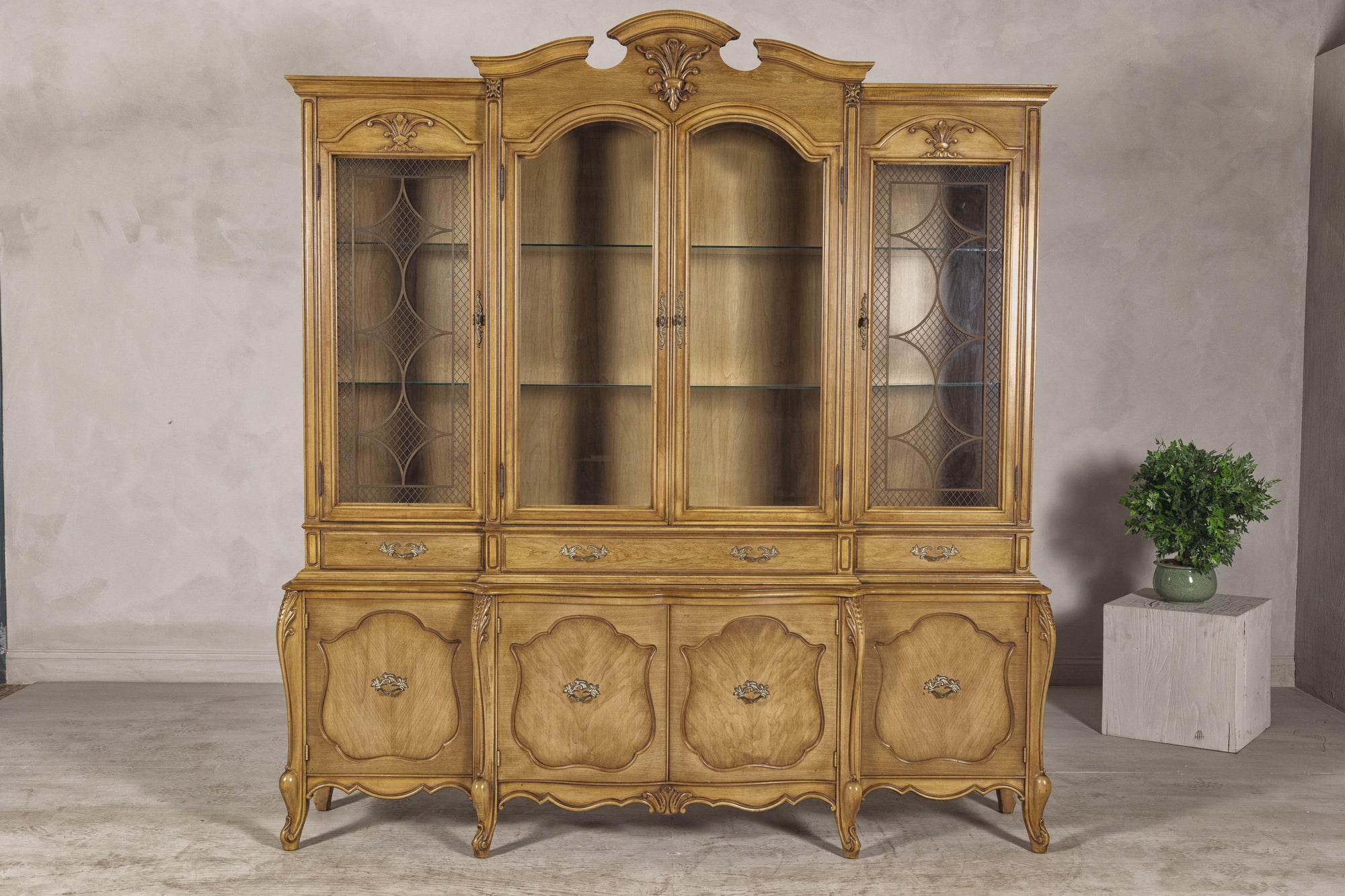 Large French Provincial Style China Cabinet in Hardwood Finish, Wired