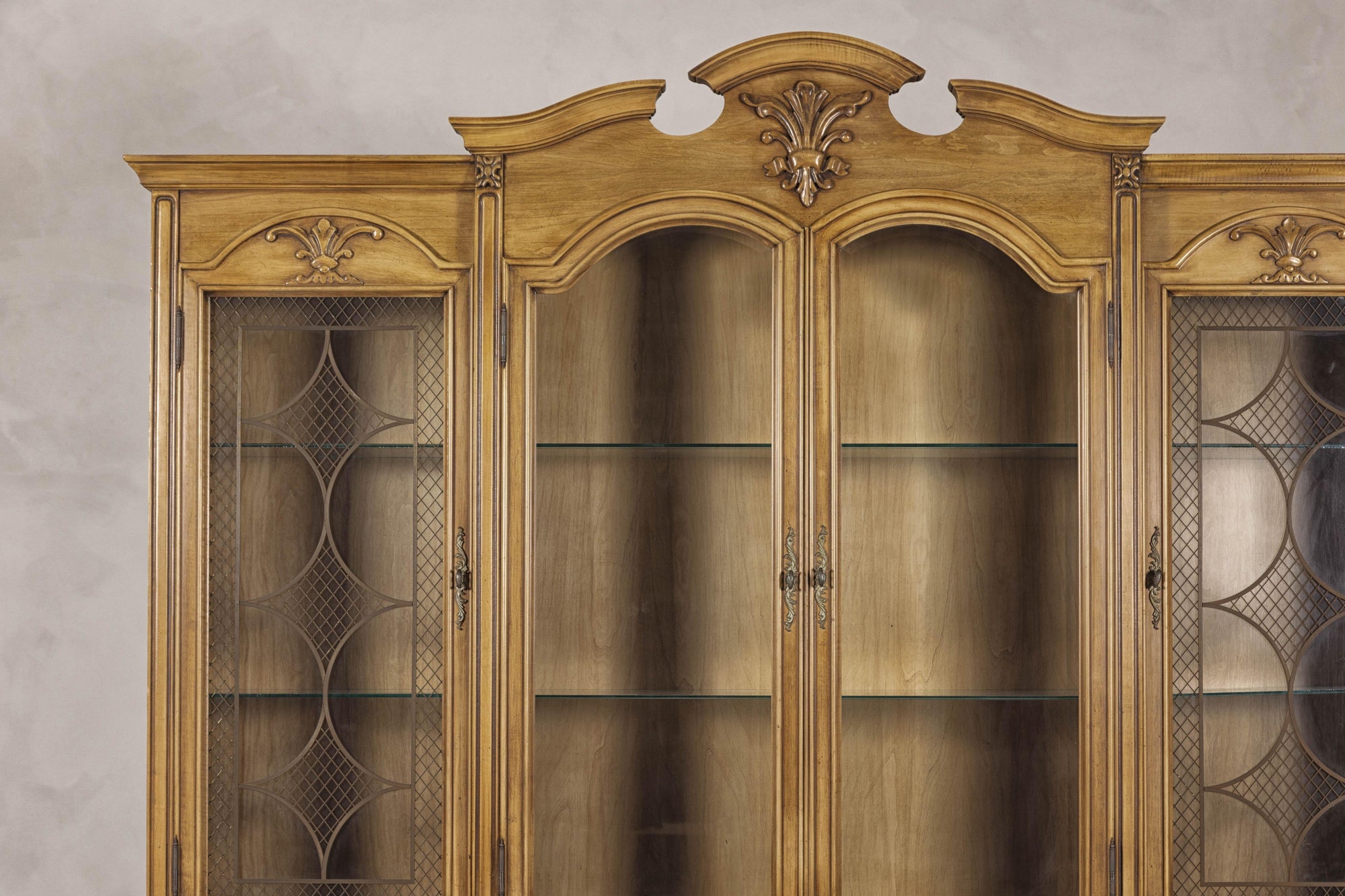 Large French Provincial Style China Cabinet in Hardwood Finish, Wired