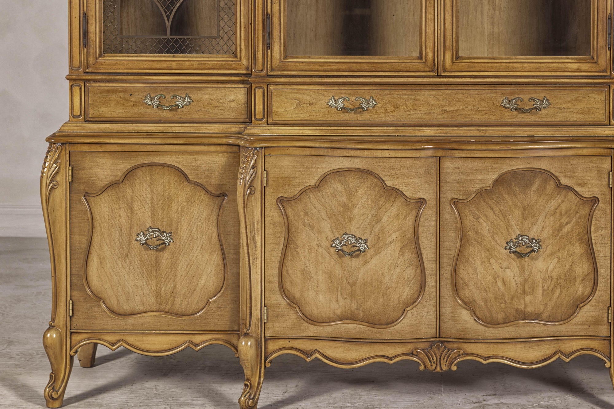 Large French Provincial Style China Cabinet in Hardwood Finish, Wired