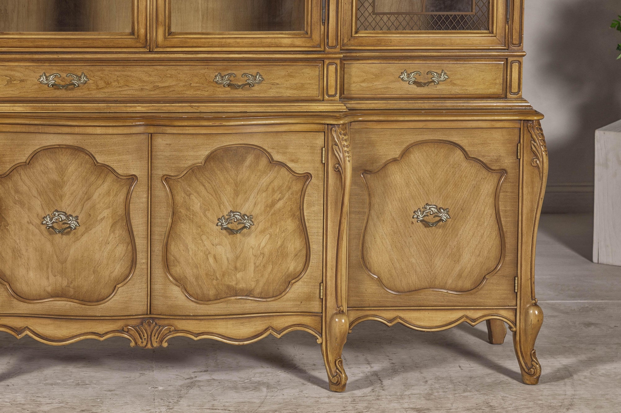 Large French Provincial Style China Cabinet in Hardwood Finish, Wired