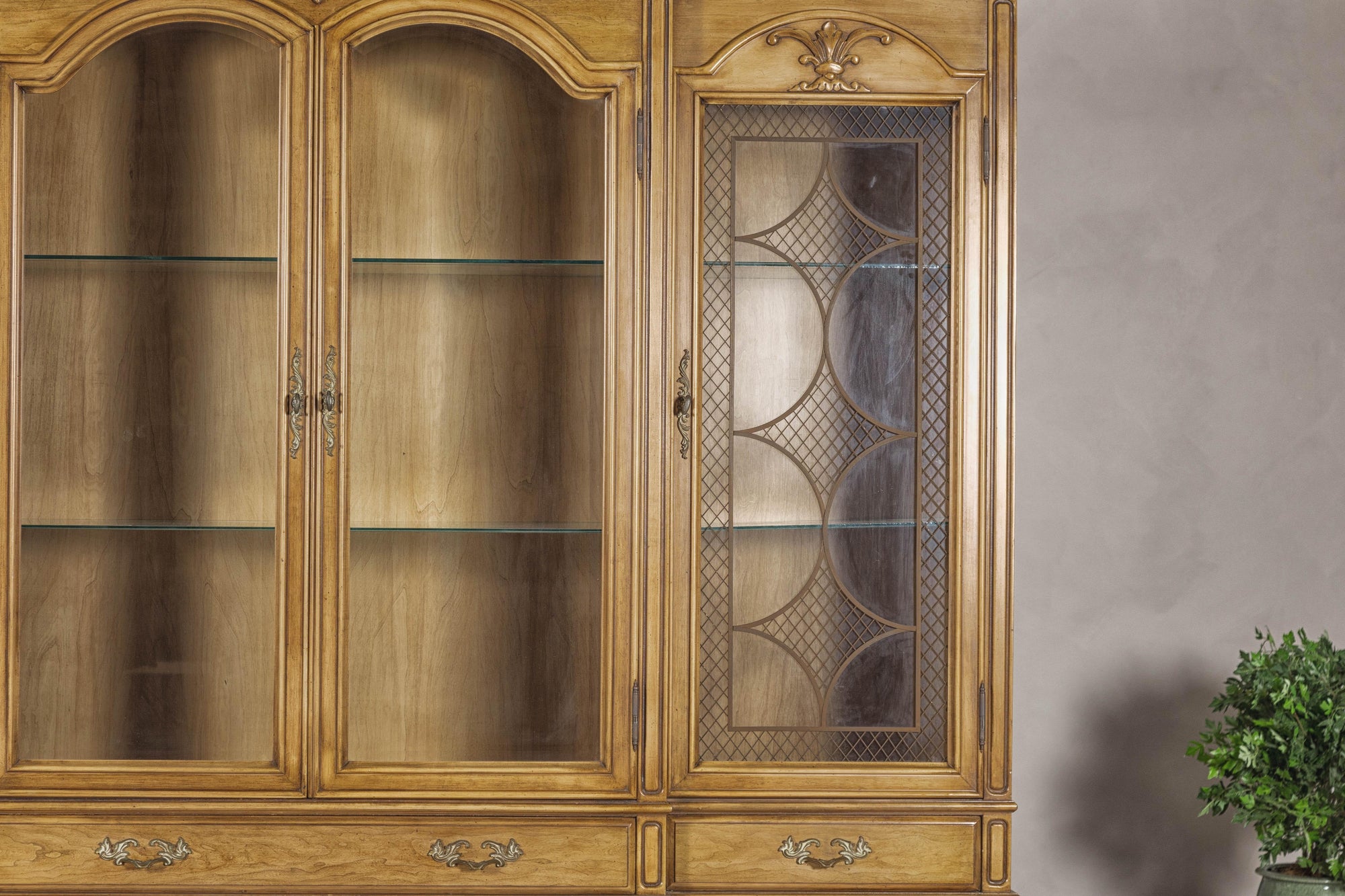 Large French Provincial Style China Cabinet in Hardwood Finish, Wired