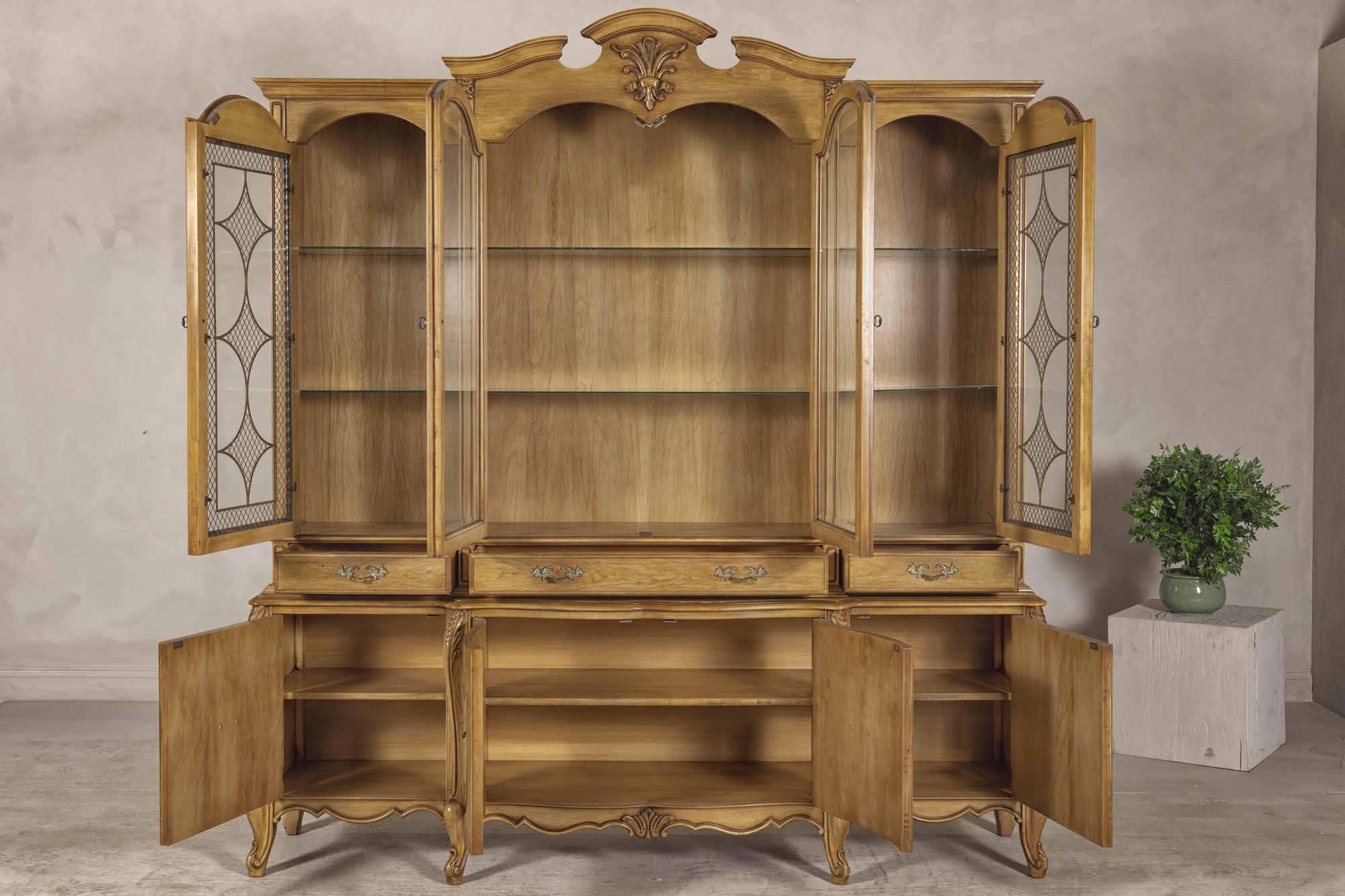 Large French Provincial Style China Cabinet in Hardwood Finish, Wired