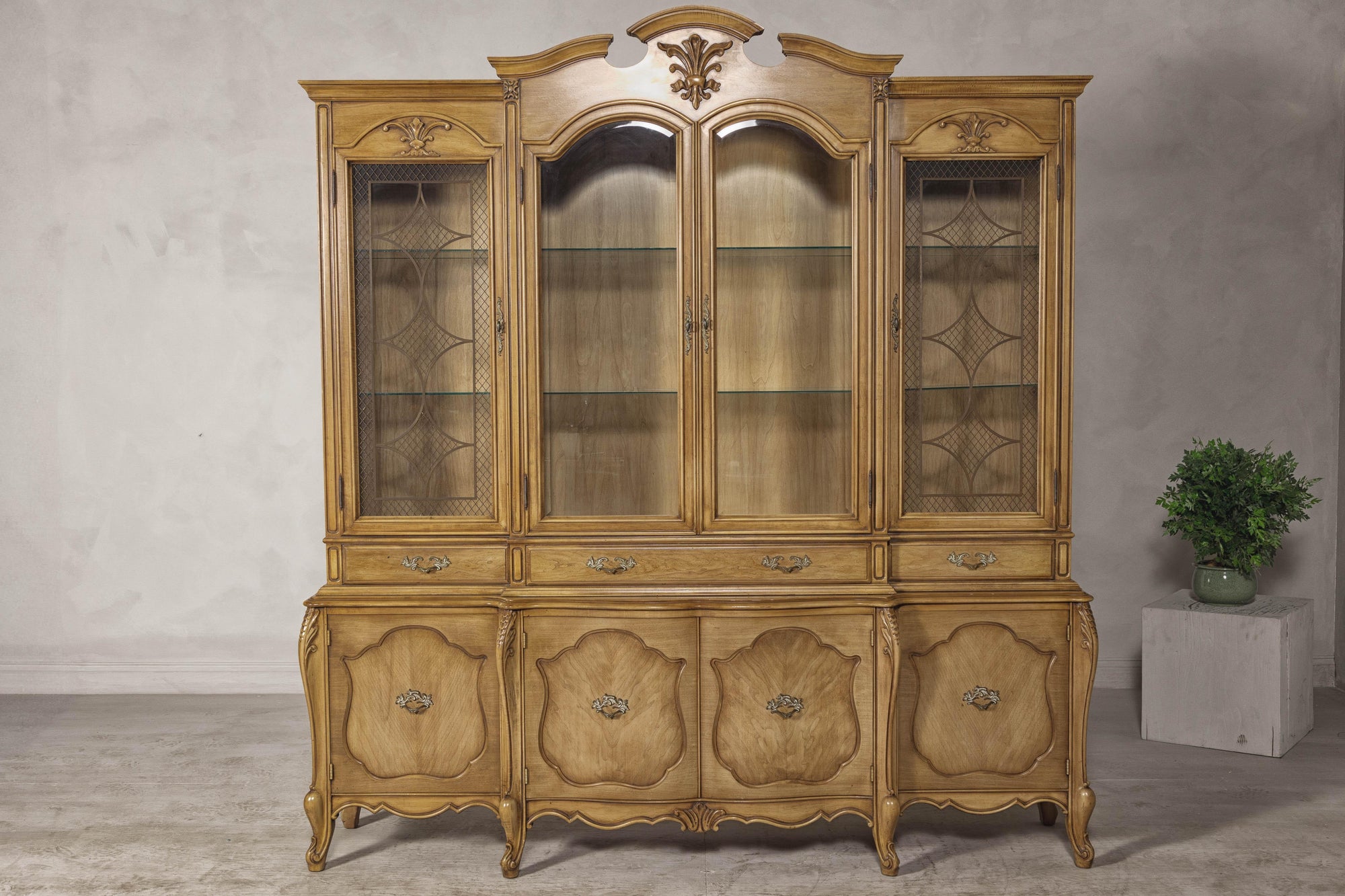 Large French Provincial Style China Cabinet in Hardwood Finish, Wired