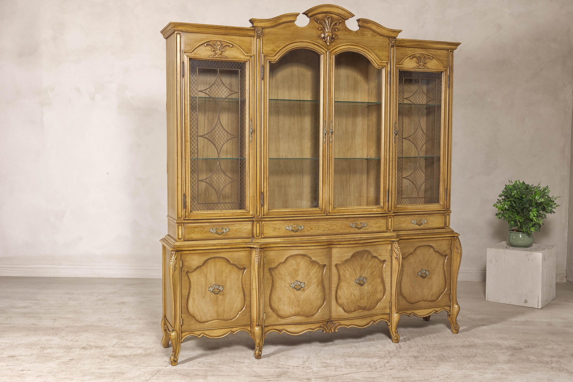 Large French Provincial Style China Cabinet in Hardwood Finish, Wired