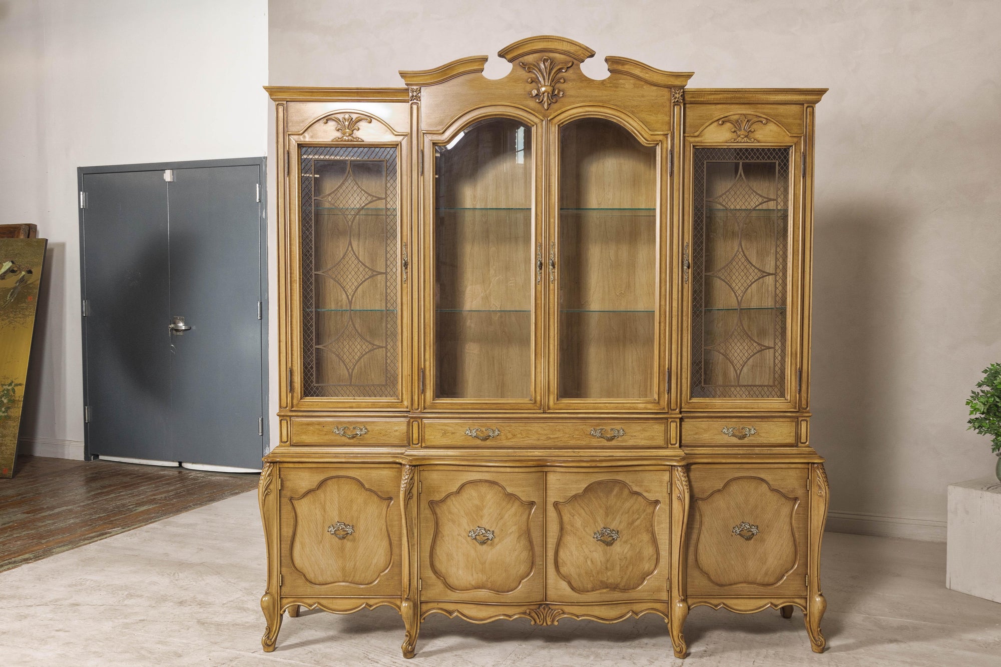 Large French Provincial Style China Cabinet in Hardwood Finish, Wired