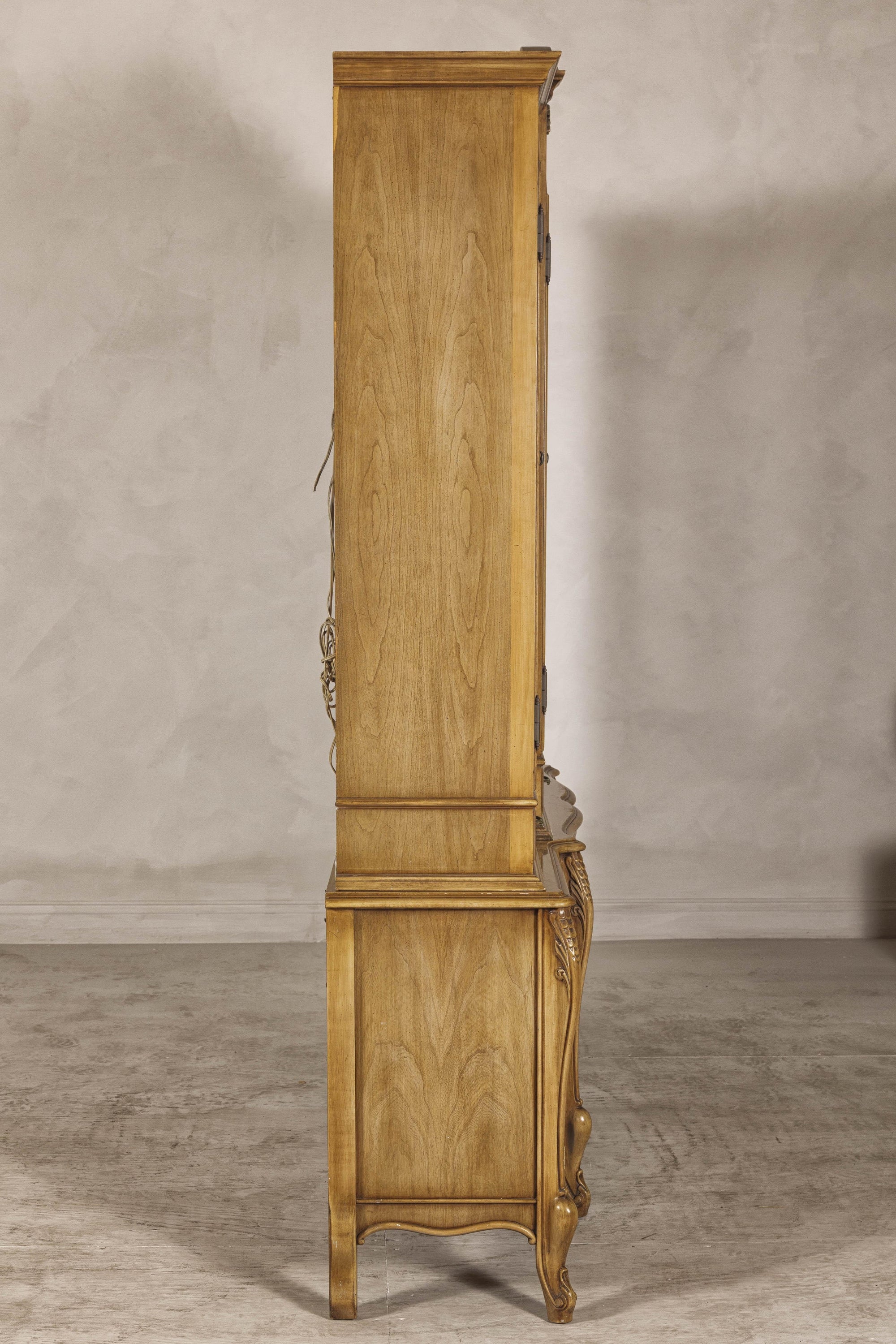 Large French Provincial Style China Cabinet in Hardwood Finish, Wired