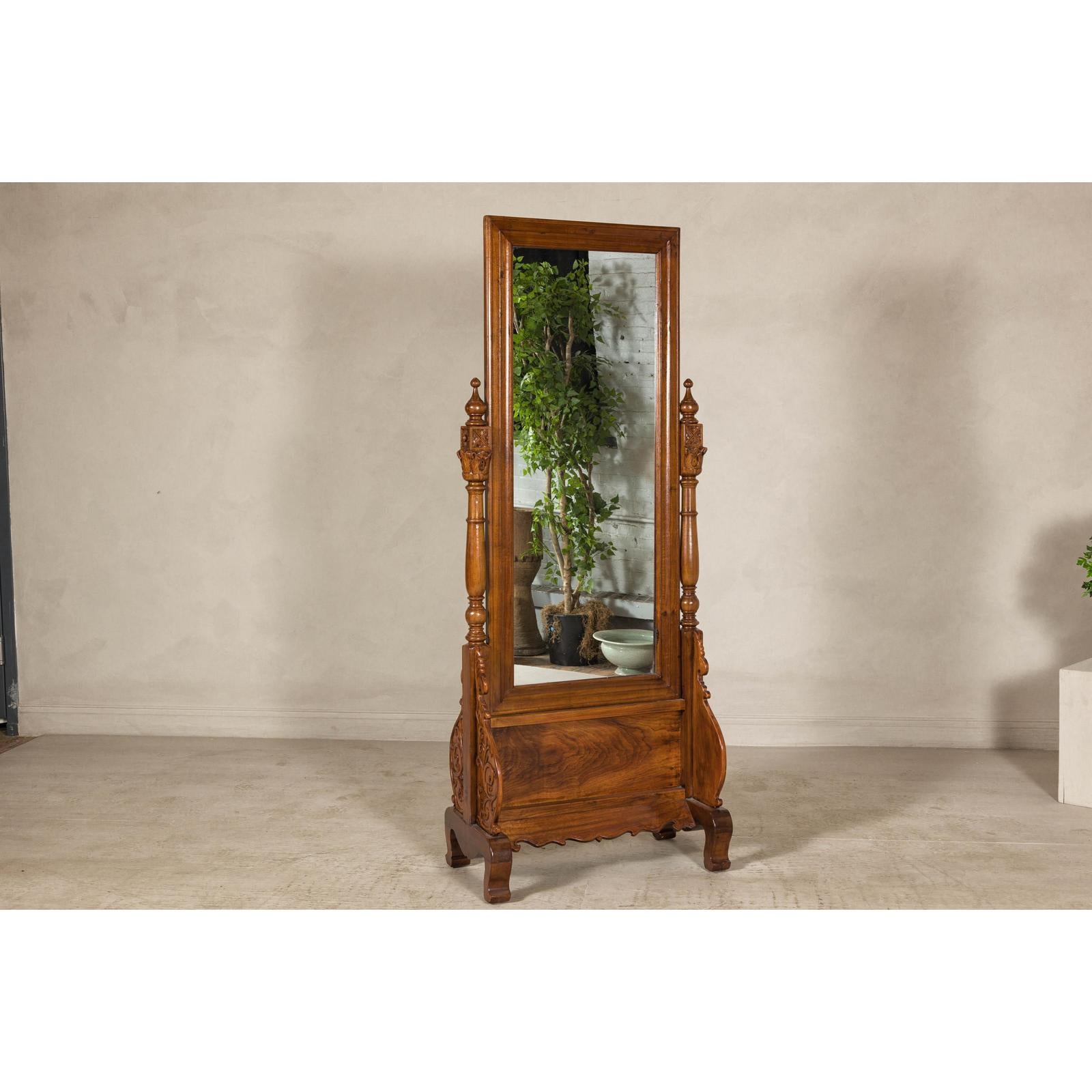 Late 19th Century Dutch Colonial Hardwood Cheval Mirror with Carved Details